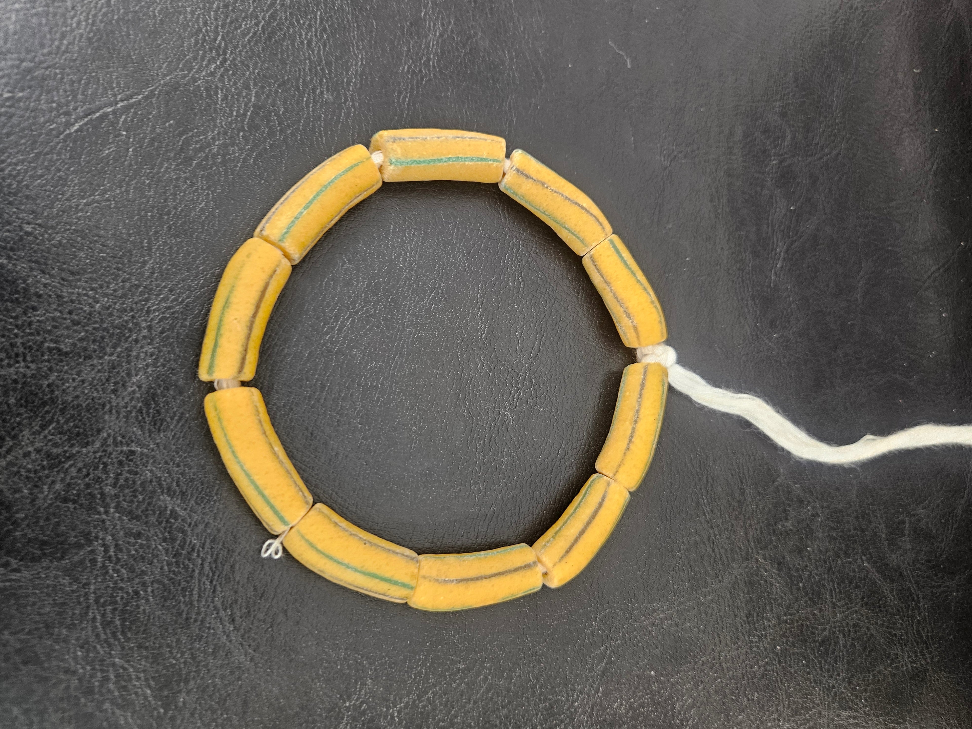 African Glass Beads – Painted Krobo Long Tubes, Mustard & Green Handmade Beads