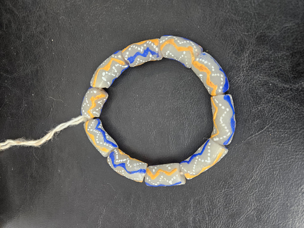 African Glass Beads – Painted Krobo Long Tubes, Gray Blue & Gold
