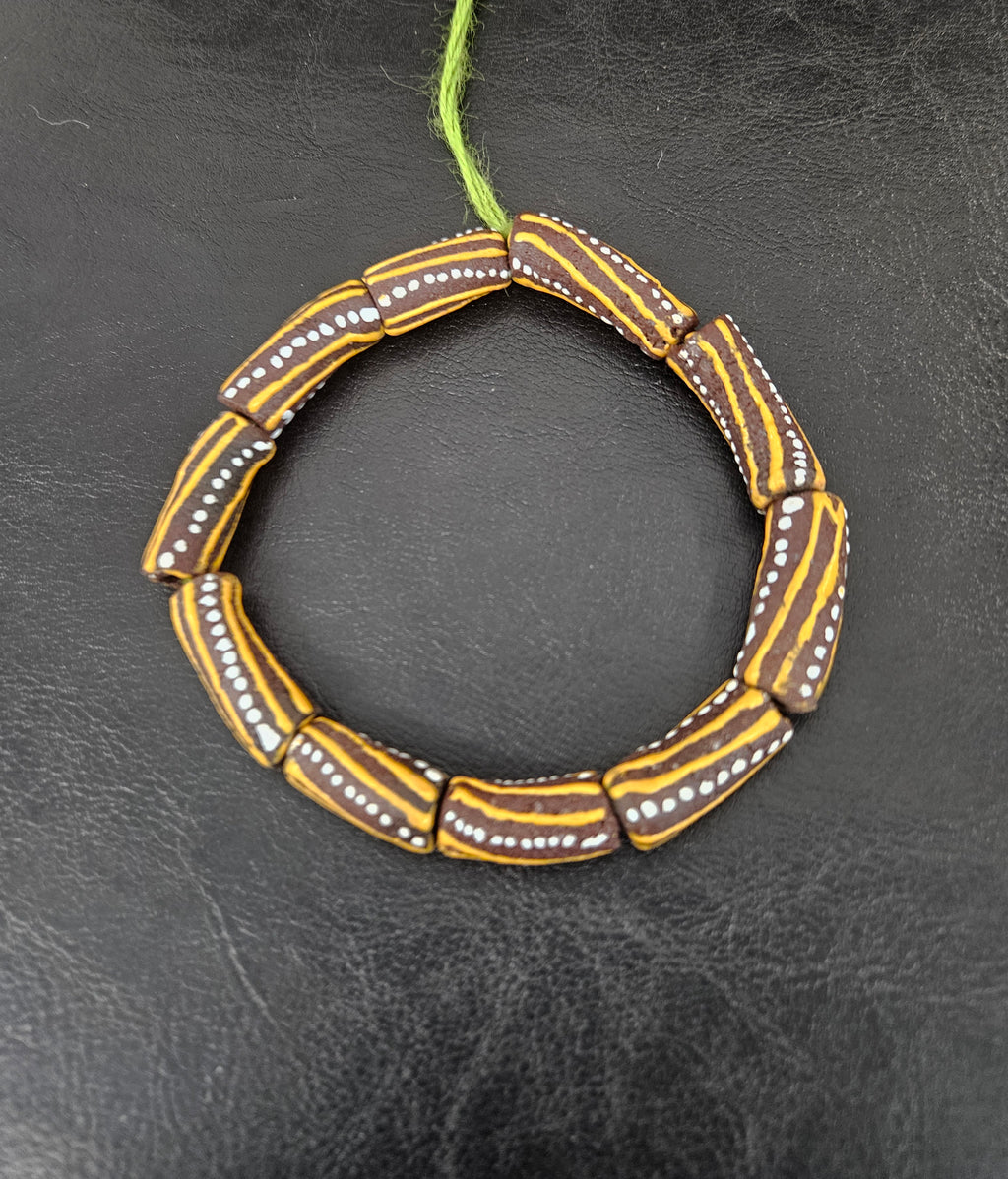 African Glass Beads – Painted Krobo Long Tubes, Brown & Gold