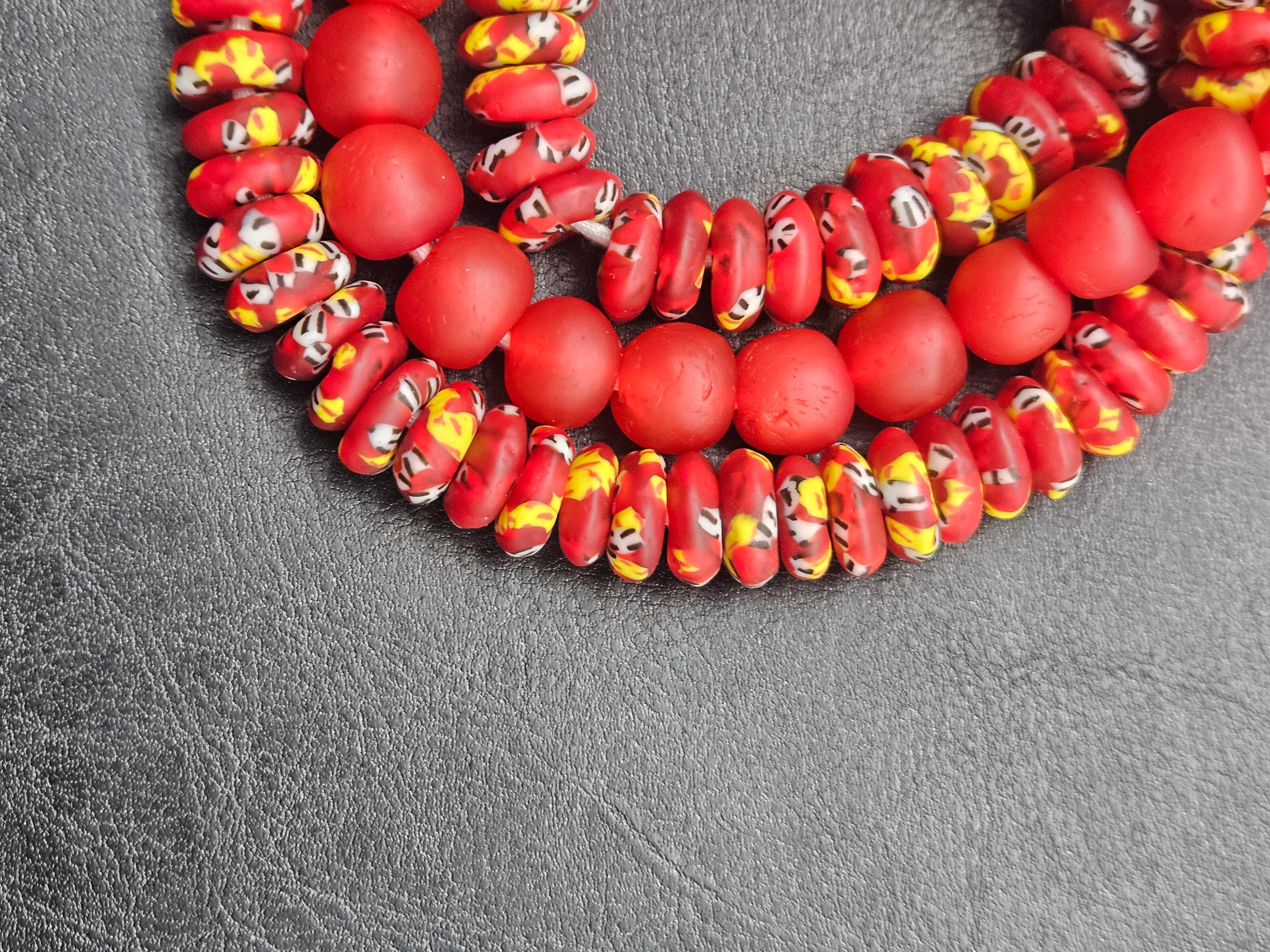 Red African Glass Bead Bundle: Hand-Painted Krobo Rondelle & Round Pocket Glass Beads from Ghana