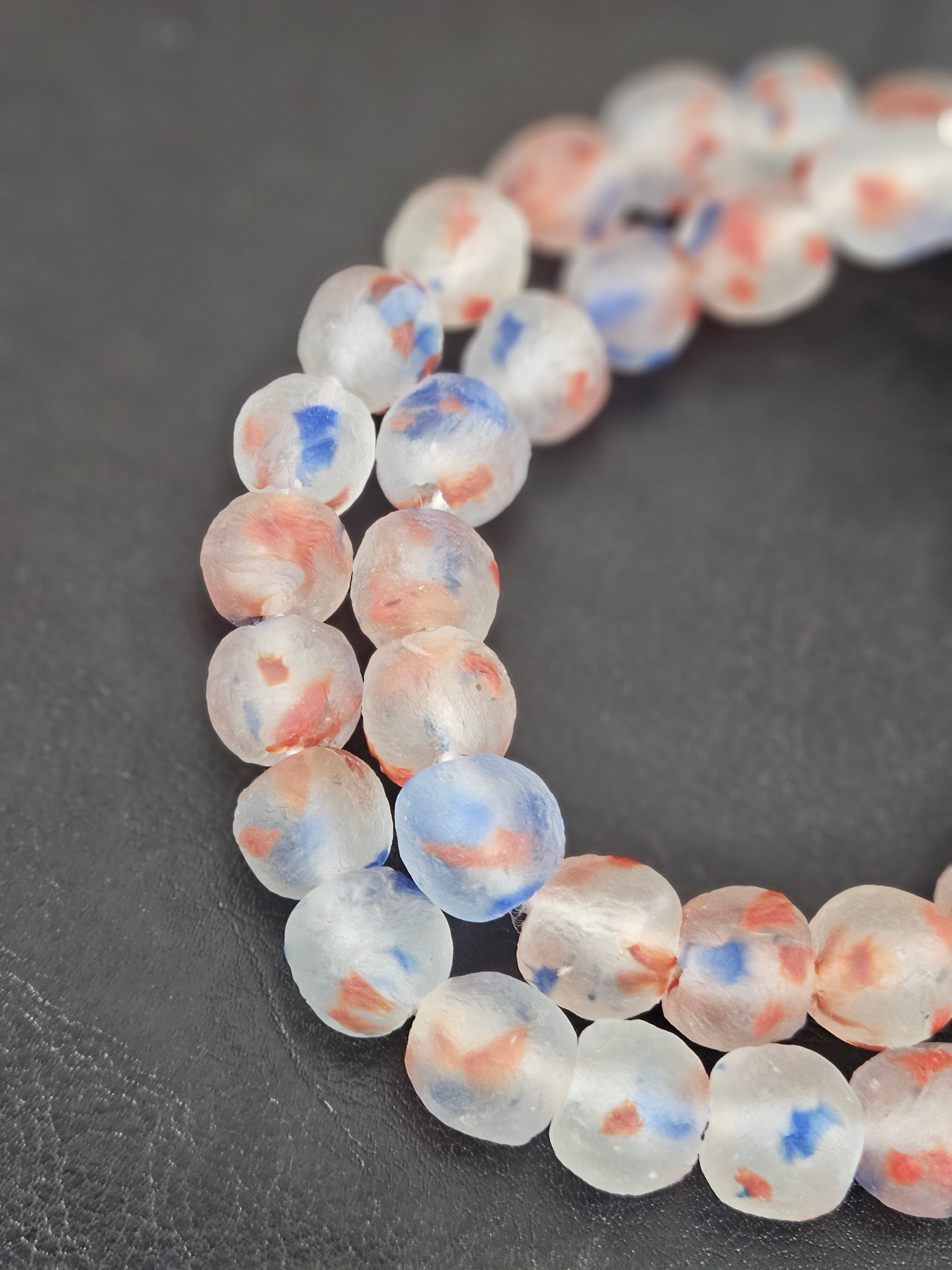 Authentic Red White Blue Krobo Recycled Glass Beads | Handmade Translucent Ghana Beads 12–14mm