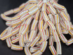 Krobo Painted Glass Tube Beads – Soft Ivory Gray with Golden Yellow & Coral Red Stripes