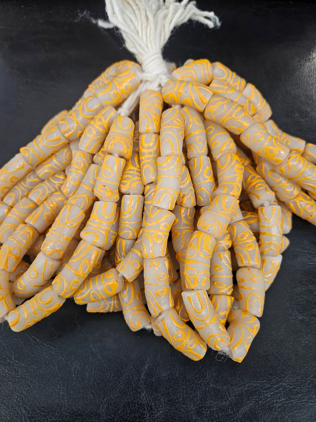 African Glass Beads – Painted Krobo Long Tubes, Frosty White & Gold Beads