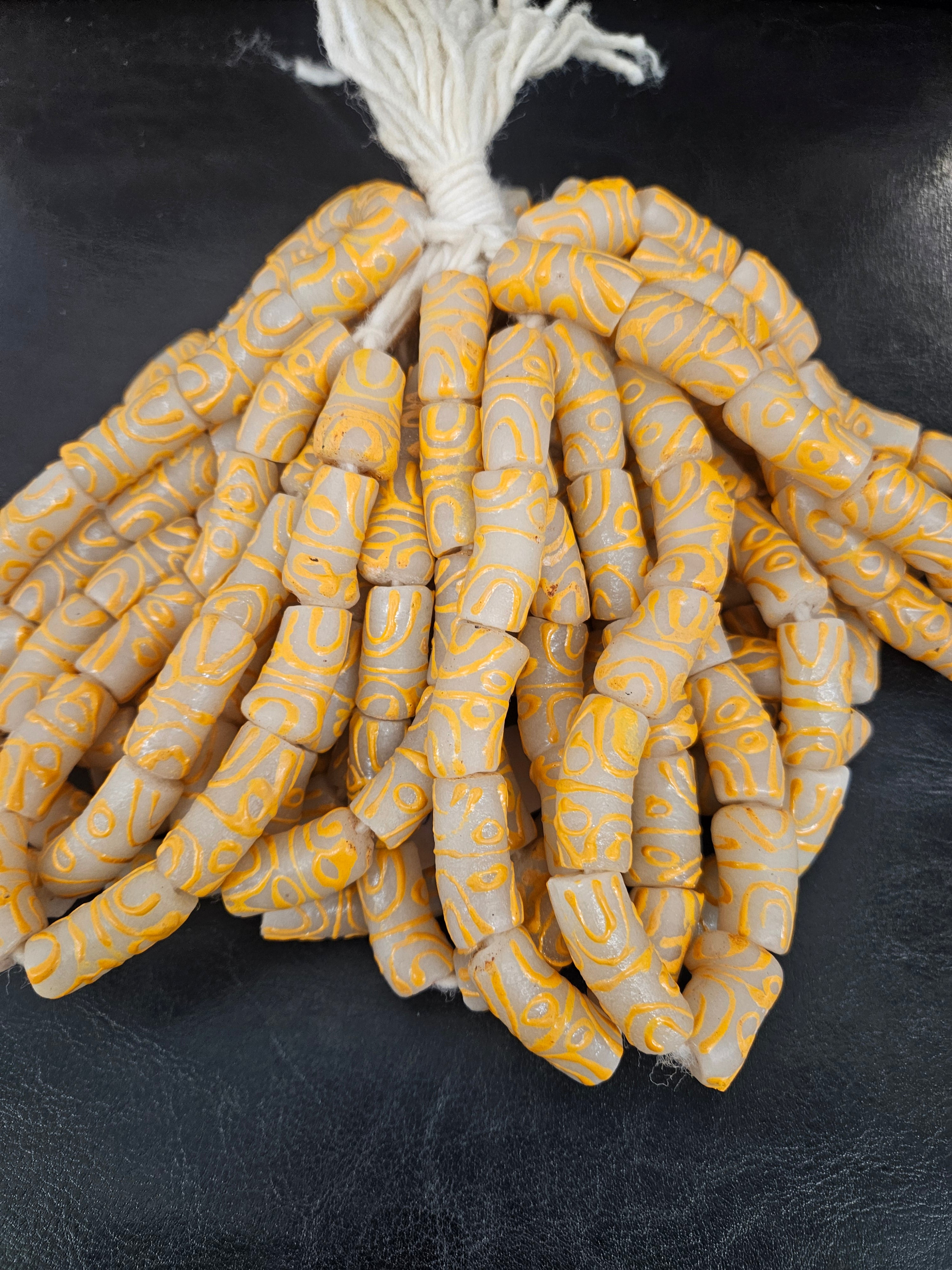 African Glass Beads – Painted Krobo Long Tubes, Frosty White & Gold Beads