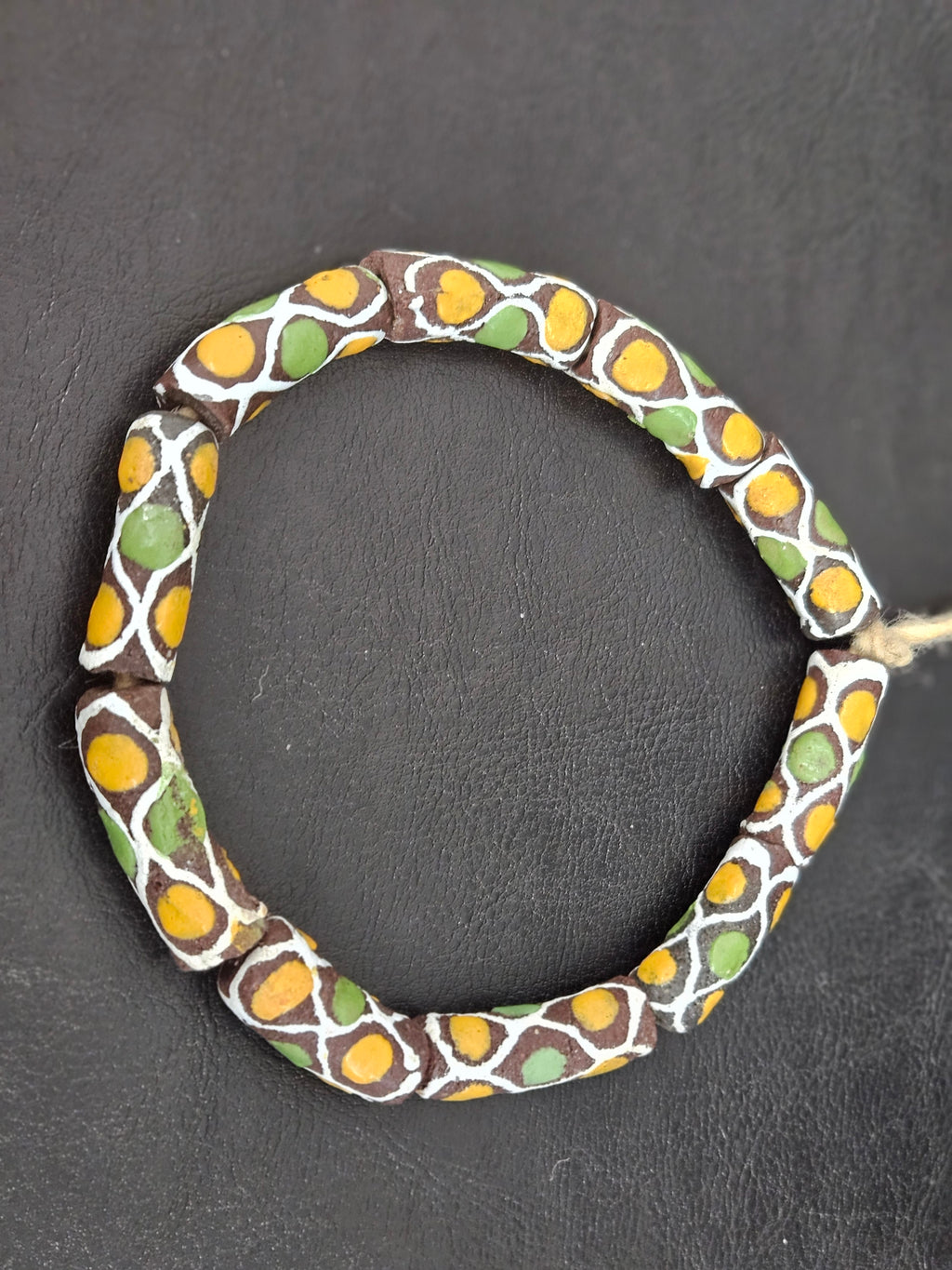 Chocolate Brown Krobo Painted Glass Tube Beads with Golden Yellow & Leaf Green Mosaic Motifs | Handcrafted Recycled Glass from Ghana