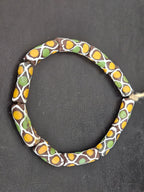 Chocolate Brown Krobo Painted Glass Tube Beads with Golden Yellow & Leaf Green Mosaic Motifs | Handcrafted Recycled Glass from Ghana