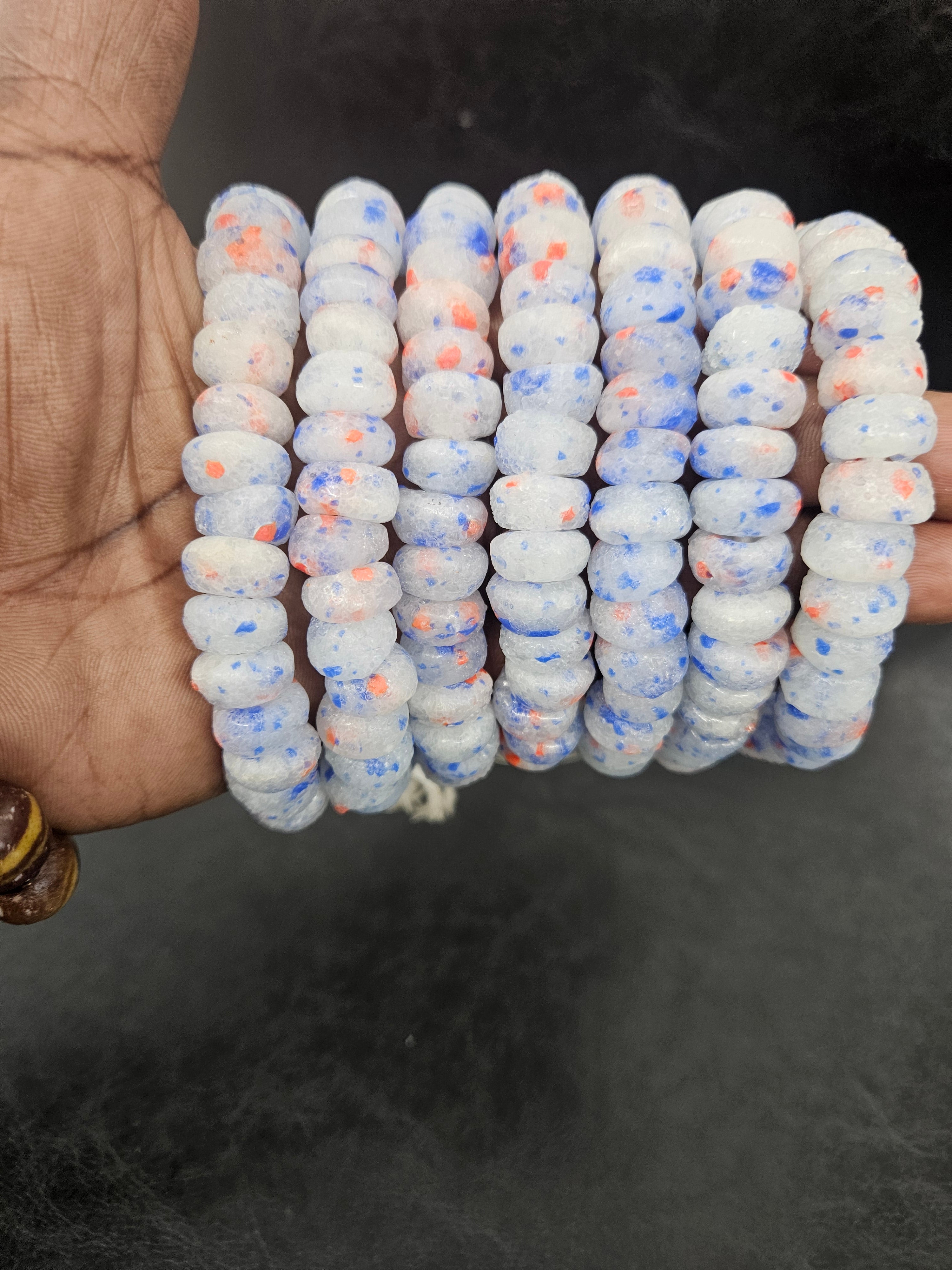 White Blue & Coral Speckled Krobo Powder Glass Beads – African Recycled Glass Short Tube Beads for Jewelry Making