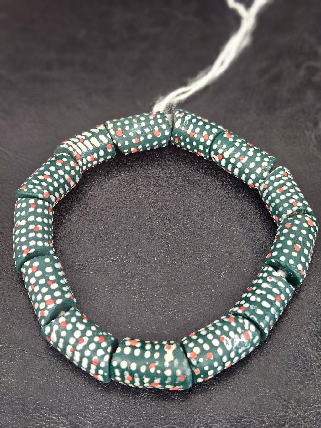 Painted Krobo Glass Beads | Green Red & White Polka Dot Long Tube Beads | Handcrafted Ghana Recycled Glass Beads