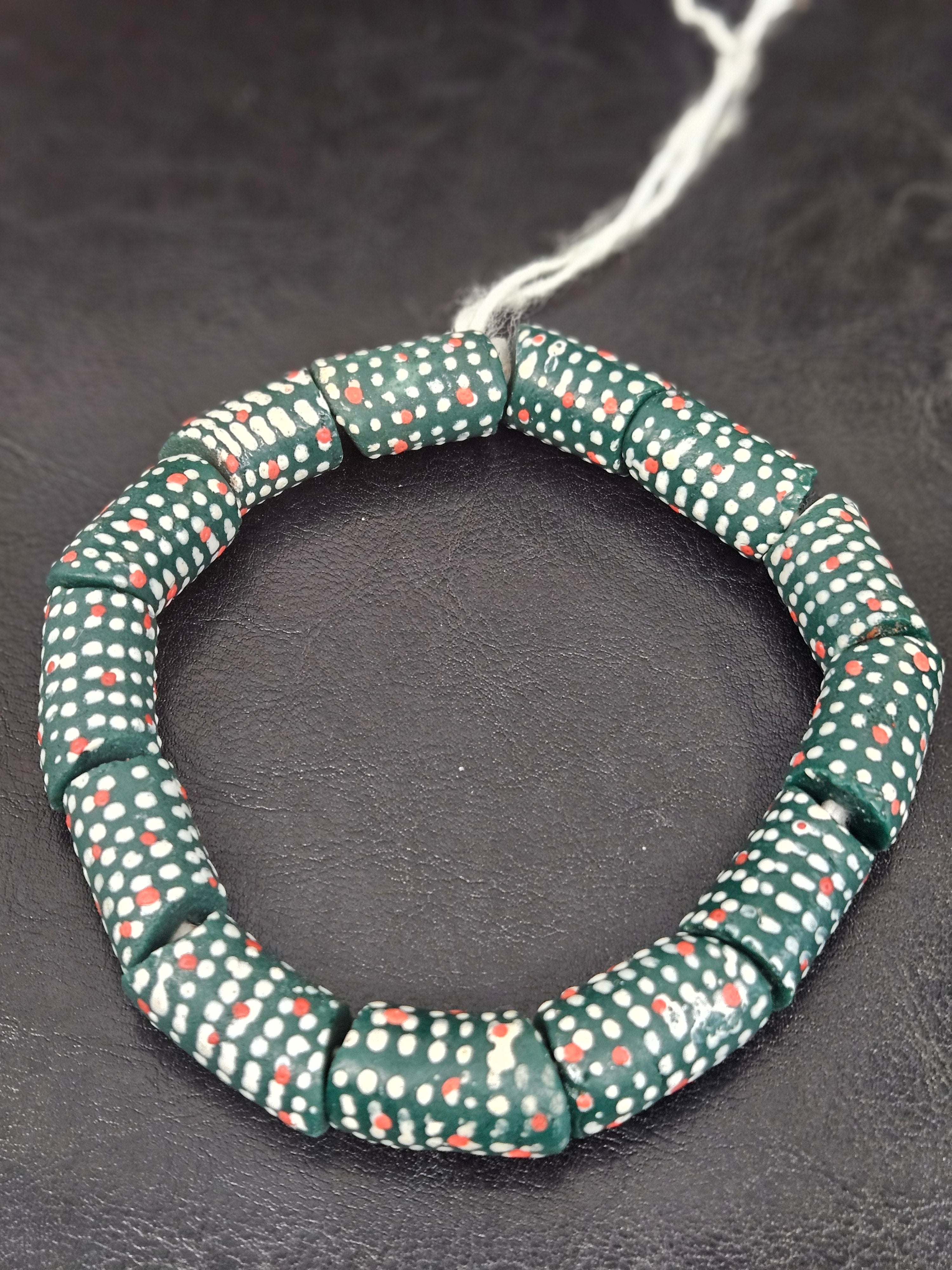 Painted Krobo Glass Beads | Green Red & White Polka Dot Long Tube Beads | Handcrafted Ghana Recycled Glass Beads
