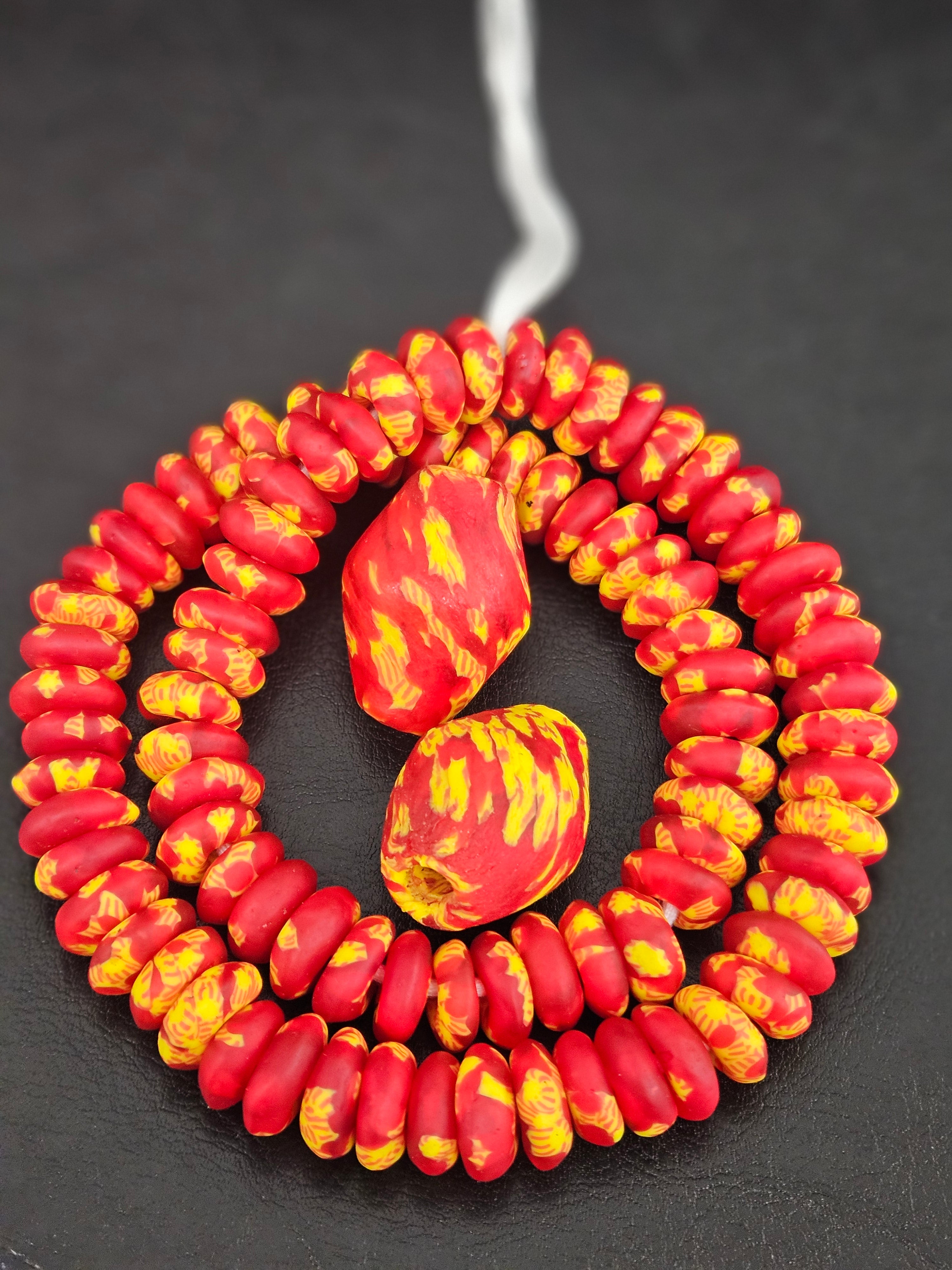 Red & Yellow African Glass Beads Bundle – Krobo Rondelles + Bicone Focals