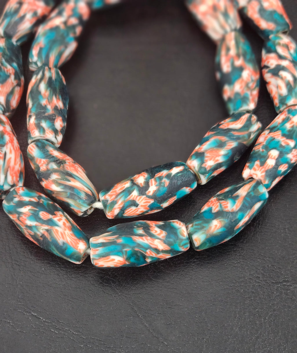 XL Teal & Coral Fused Krobo Recycled Glass Beads | Handmade Ghana Statement Beads