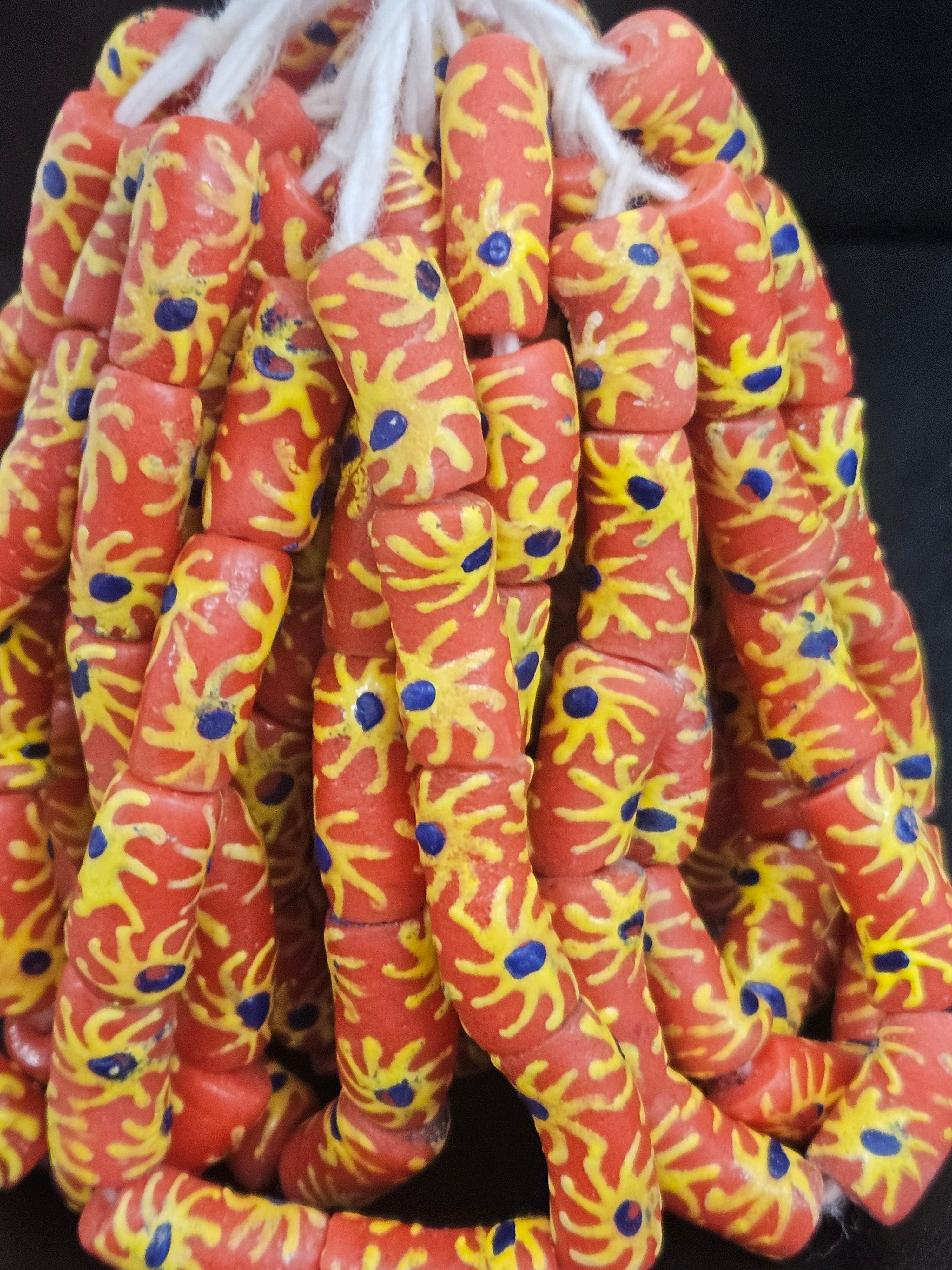 Krobo Painted Glass Tube Beads | Terracotta Coral, Golden Yellow & Royal Blue | Handmade Recycled Glass Beads from Ghana