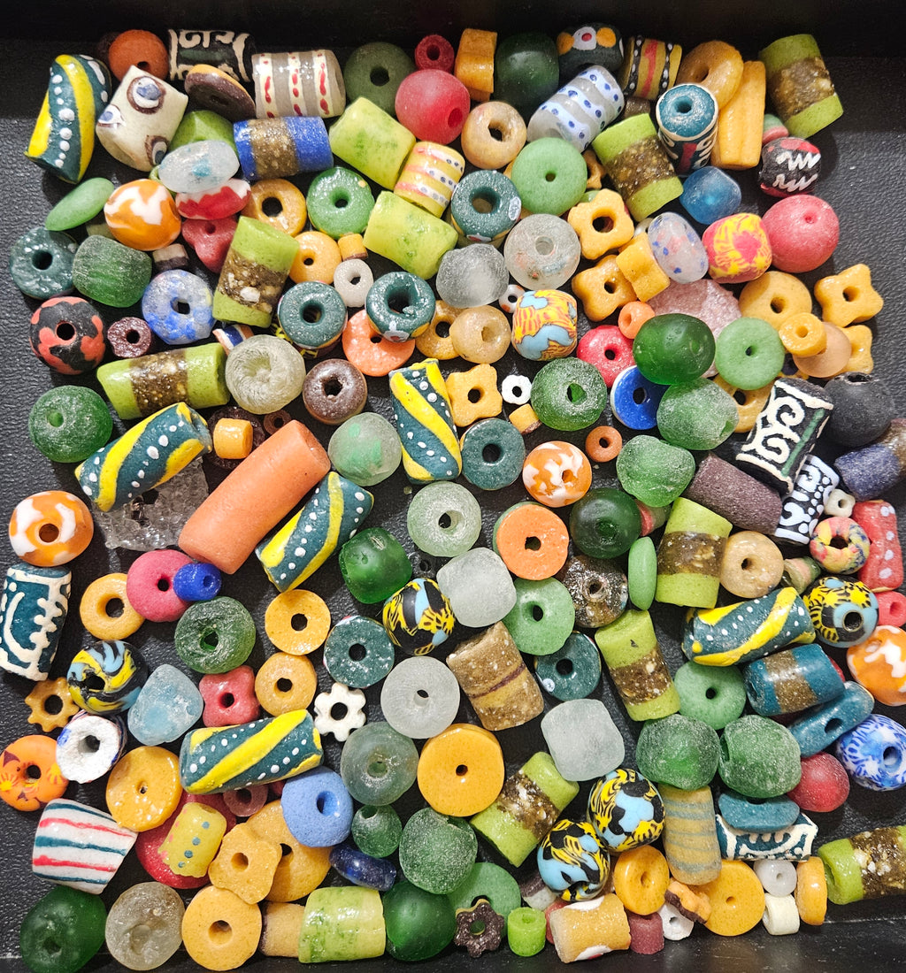 African Krobo Recycled Glass Beads Mix (Forest Green + Sun Gold) — 1 Cup, 160+ Handmade Ghana Beads, 1lb | ABM253