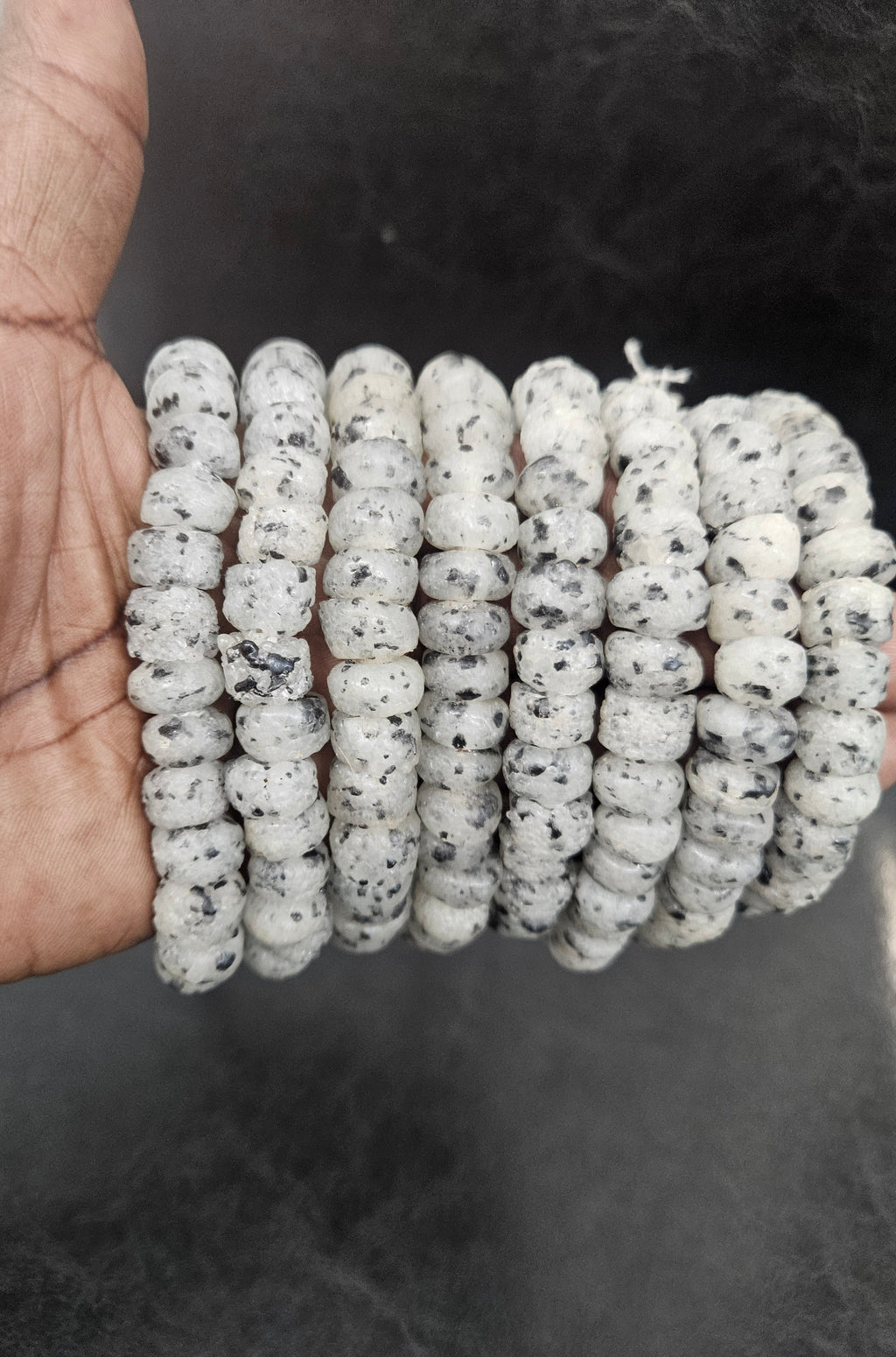 Handmade White & Black Speckled African Glass Beads – Krobo Recycled Glass Short Tube Beads for Jewelry Making