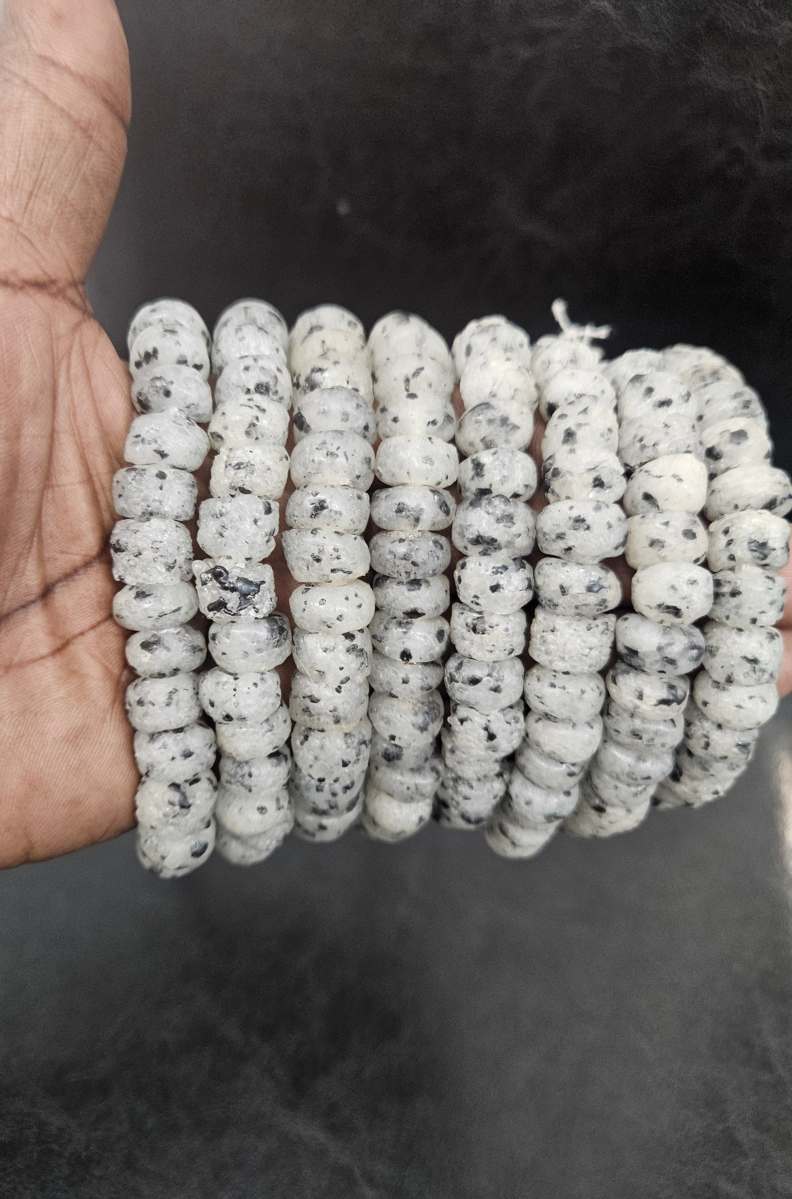Handmade White & Black Speckled African Glass Beads – Krobo Recycled Glass Short Tube Beads for Jewelry Making