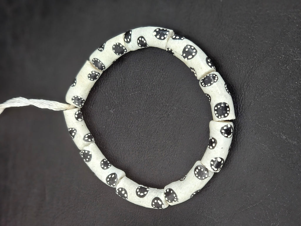 Ivory White Krobo Painted Glass Tube Beads with Ebony Black Medallion Motifs