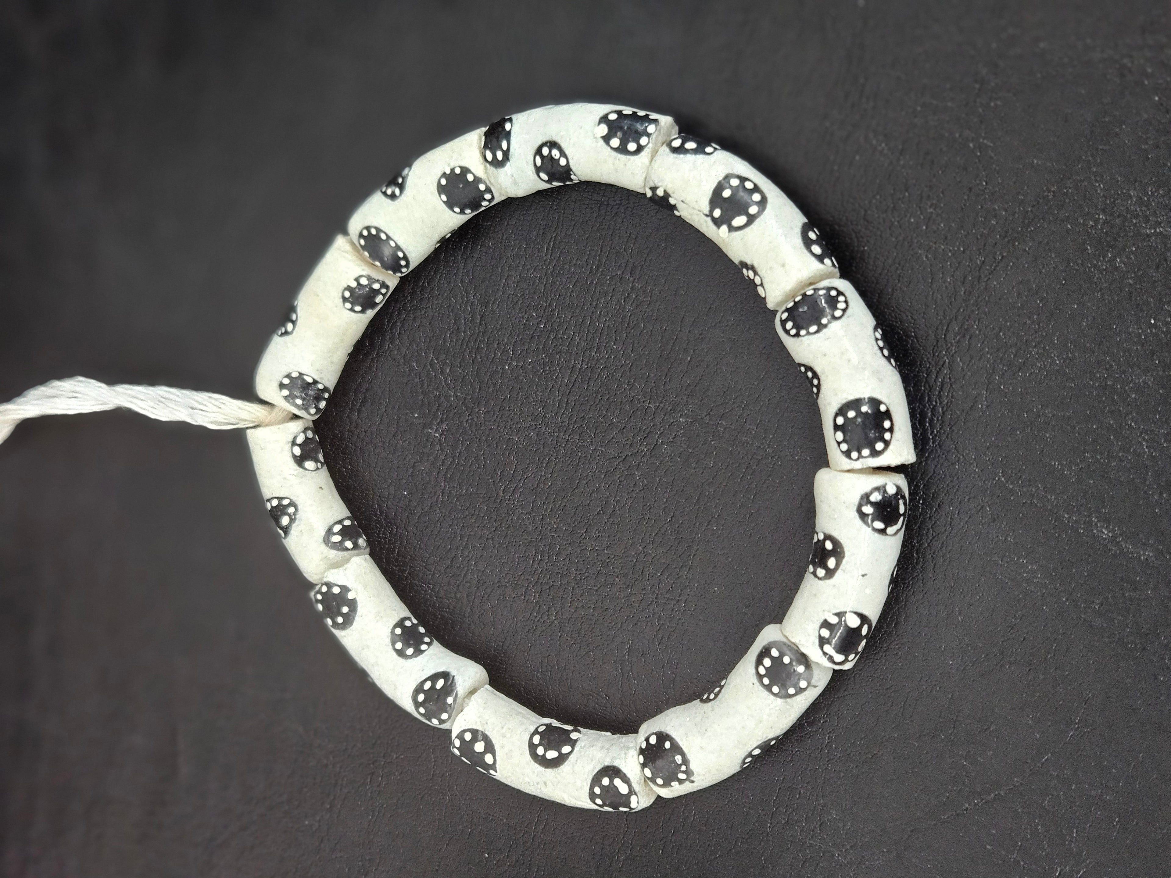 Ivory White Krobo Painted Glass Tube Beads with Ebony Black Medallion Motifs