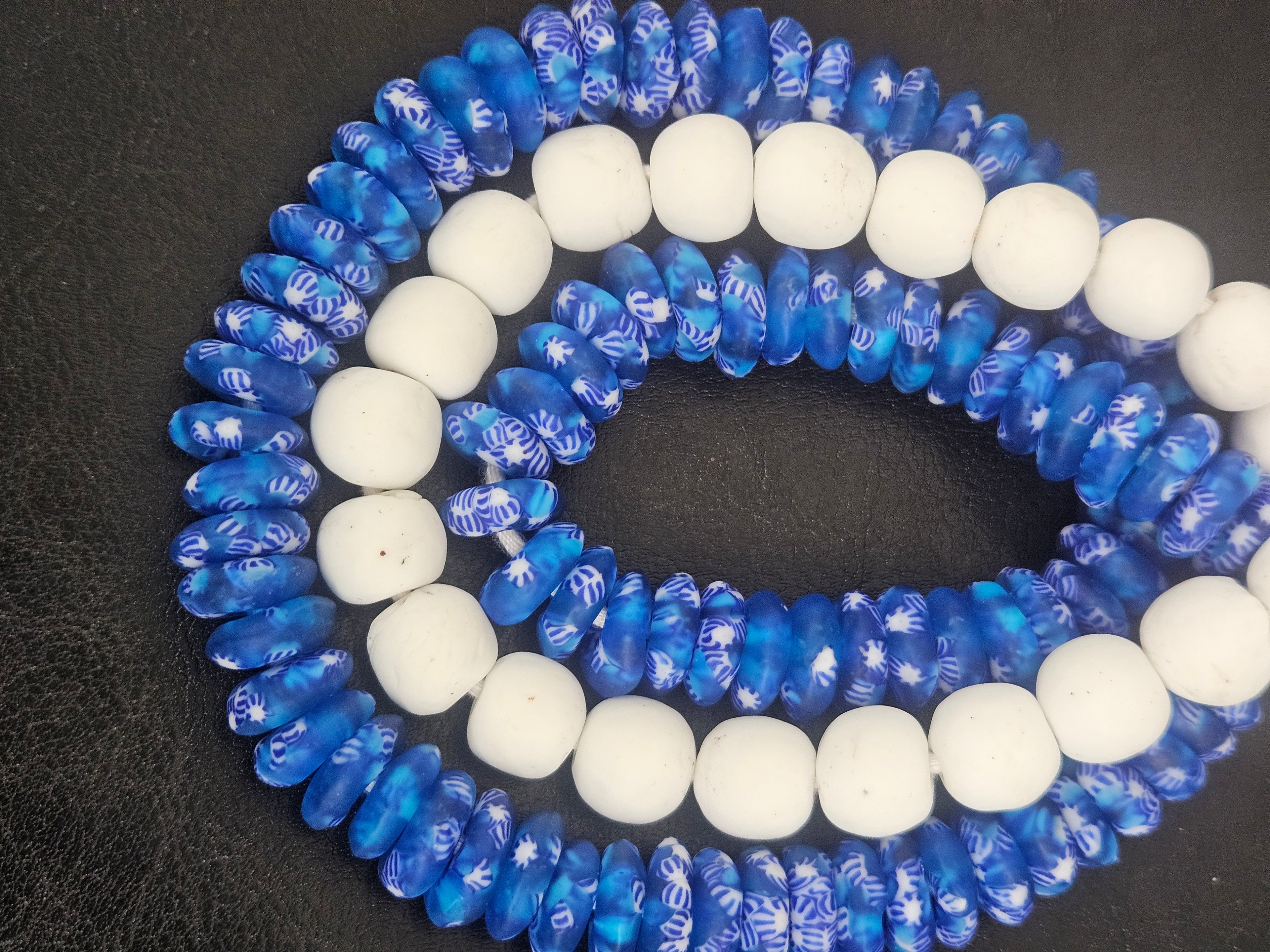 Blue & White African Glass Bead Bundle: Hand-Painted Krobo Rondelle and White Pocket Beads from Ghana