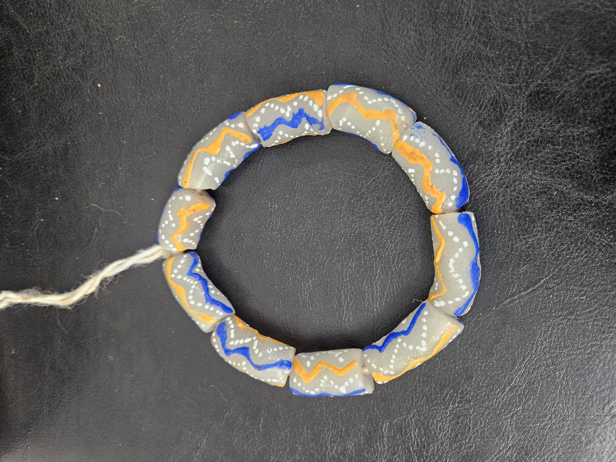 African Glass Beads – Painted Krobo Long Tubes, Gray Blue & Gold