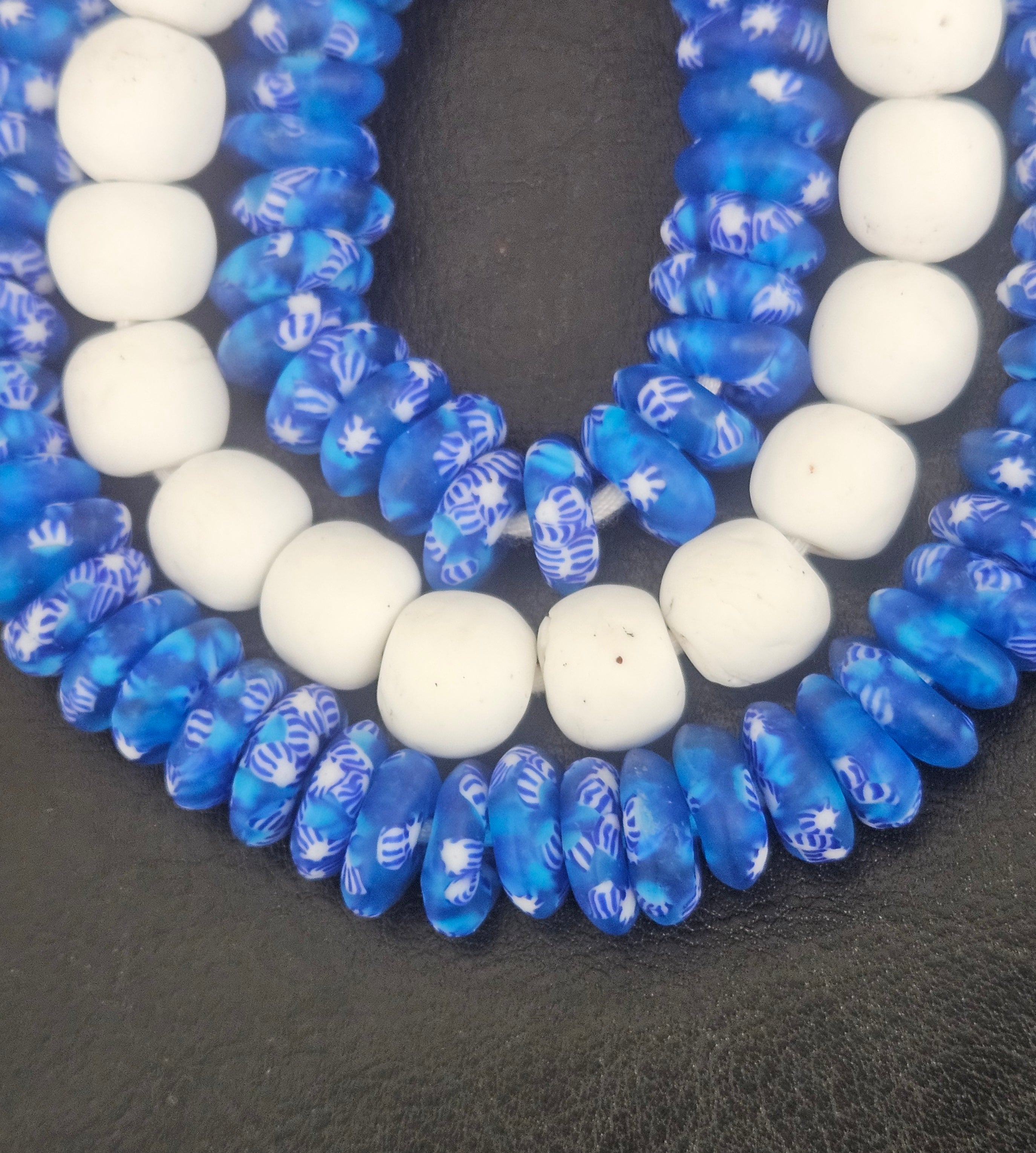 Blue & White African Glass Bead Bundle: Hand-Painted Krobo Rondelle and White Pocket Beads from Ghana