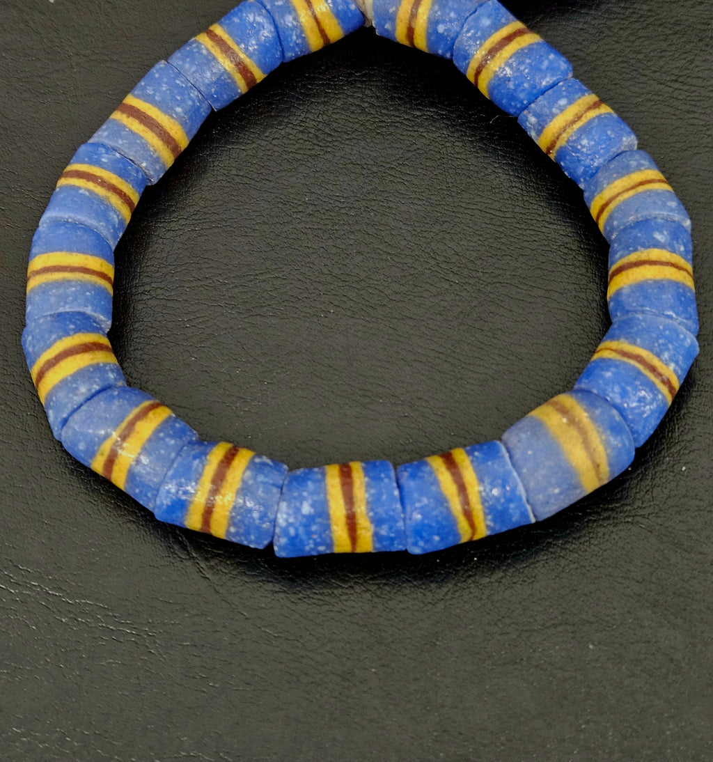 Blue Striped Krobo Kente Glass Beads | Handcrafted Powdered Glass Beads from Ghana | Approx. 17 Beads
