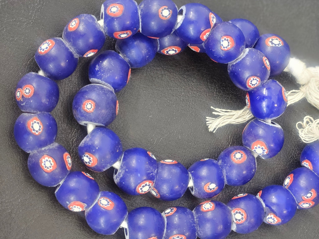Royal Blue Floral Eye African Trade Beads Sourced in Ghana | Large-Hole Recycled Glass Trade Beads | 15–16mm Designer & Collector Strand