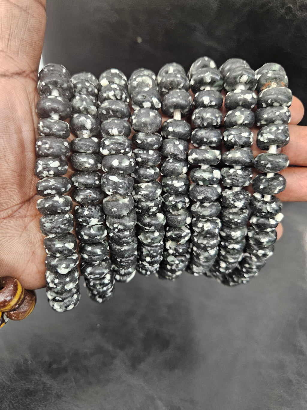 Black Speckled Krobo Powdered Glass Short Tube Beads | 7–9 × 13–14mm | Ghana | Approx. 32–33 Beads