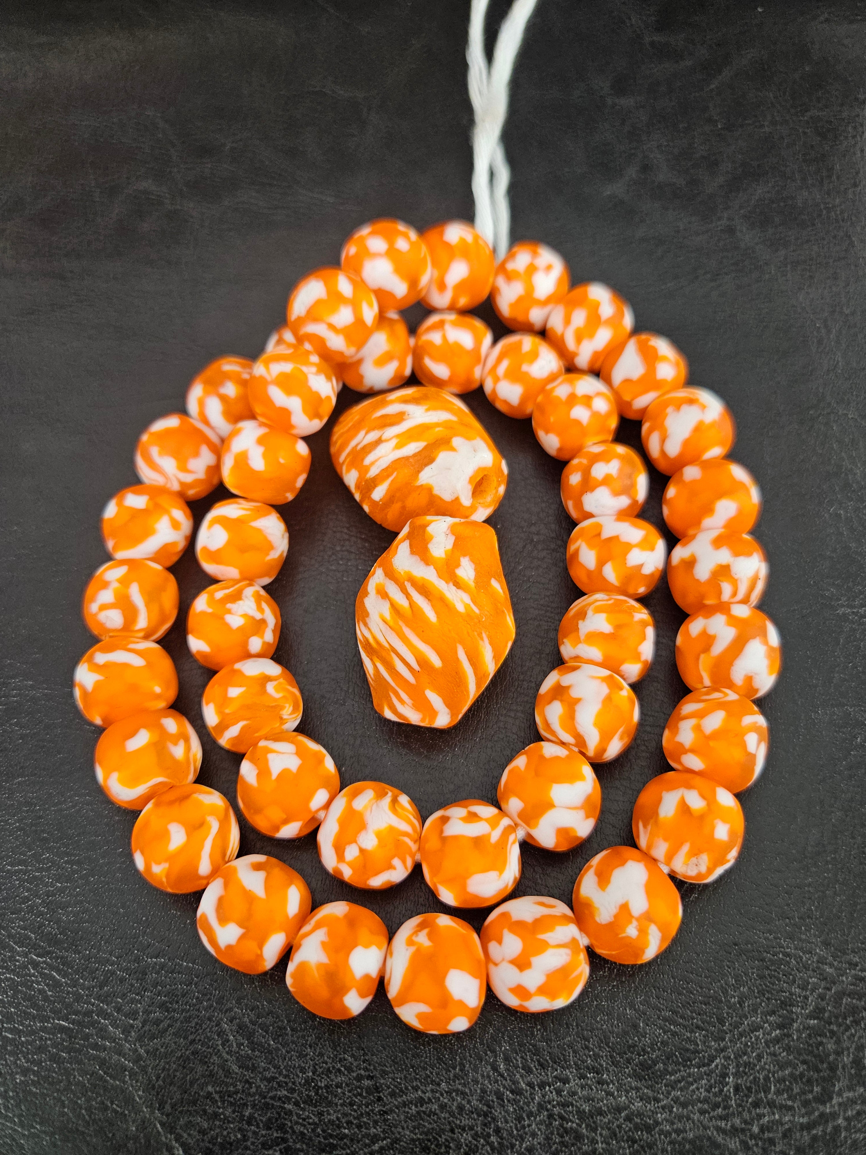 African Glass Bead Bundle – Orange & White Krobo Rounds + Focal Beads