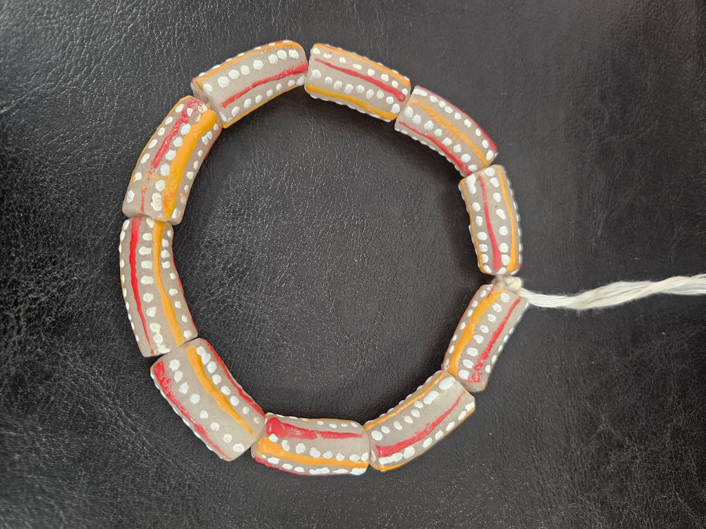 African Glass Beads – Painted Krobo Long Tubes, Gray & Coral Krobo Beads
