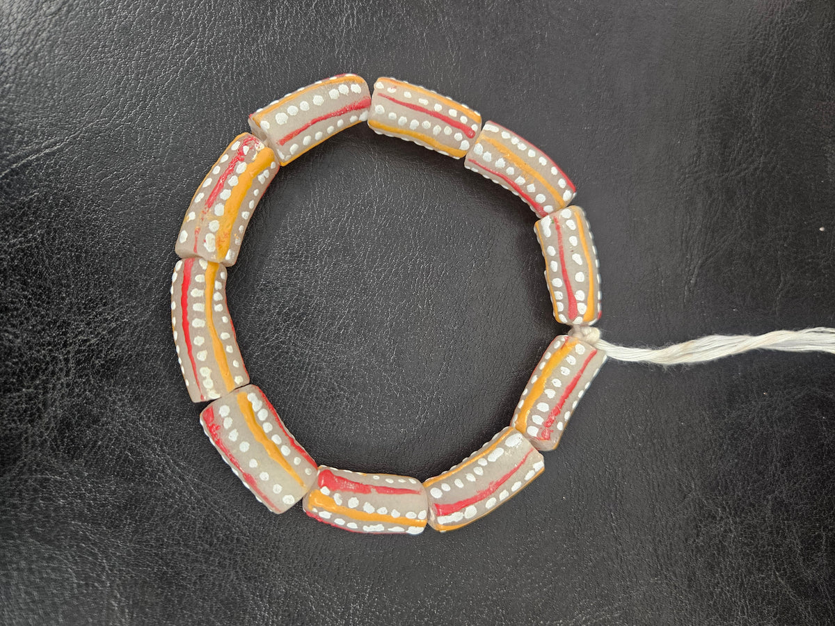 African Glass Beads – Painted Krobo Long Tubes, Gray & Coral Krobo Beads