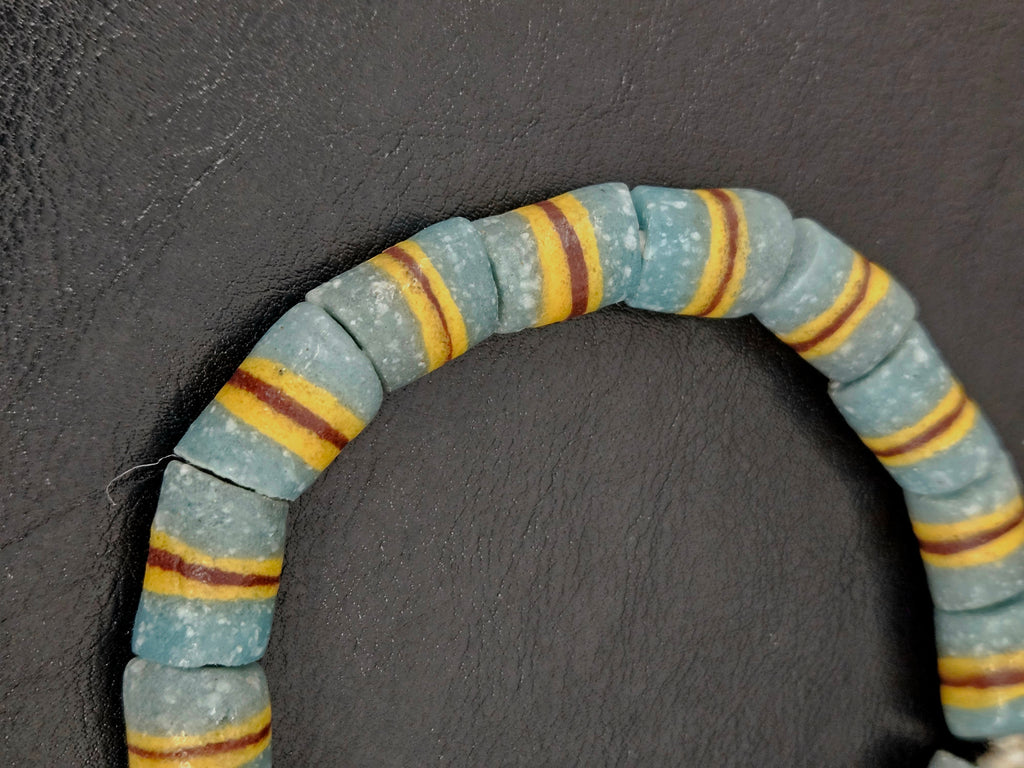 Light Blue Striped Krobo Kente Glass Beads | Handcrafted Powdered Glass Beads from Ghana | Approx. 17 Beads