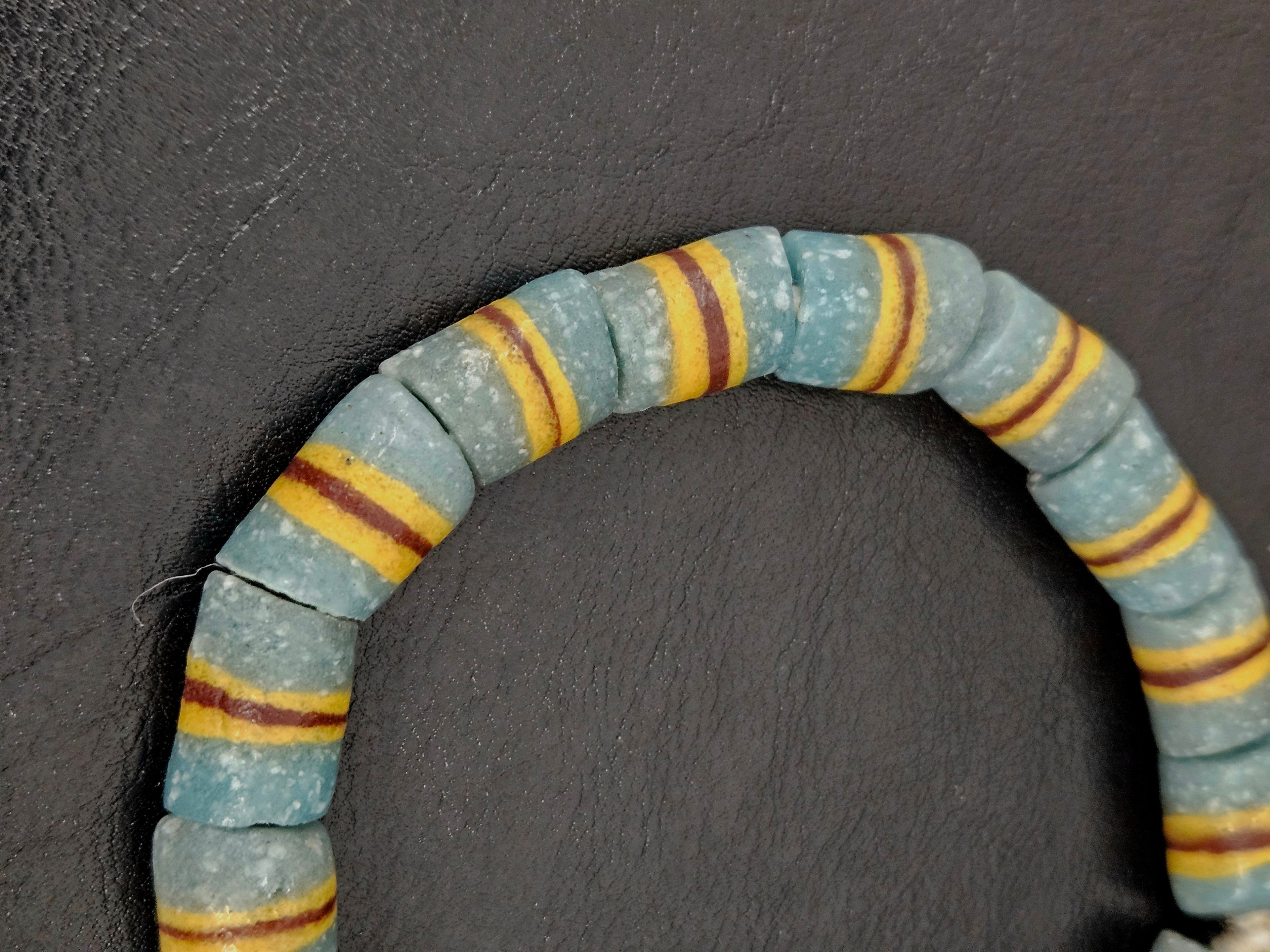 Light Blue Striped Krobo Kente Glass Beads | Handcrafted Powdered Glass Beads from Ghana | Approx. 17 Beads