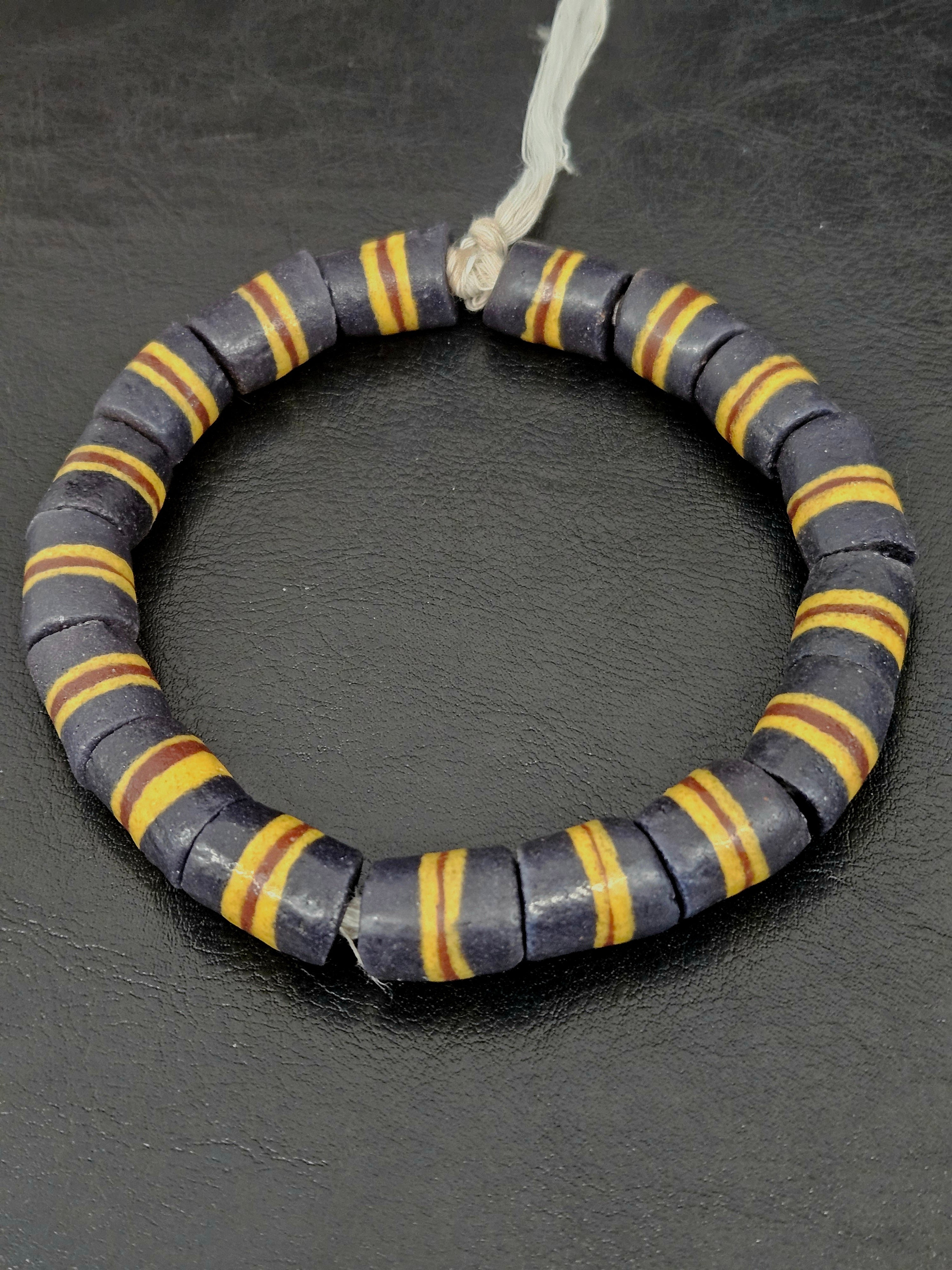 Black Striped Krobo Kente Glass Beads | Handcrafted Powdered Glass Beads from Ghana | Approx. 17 Beads