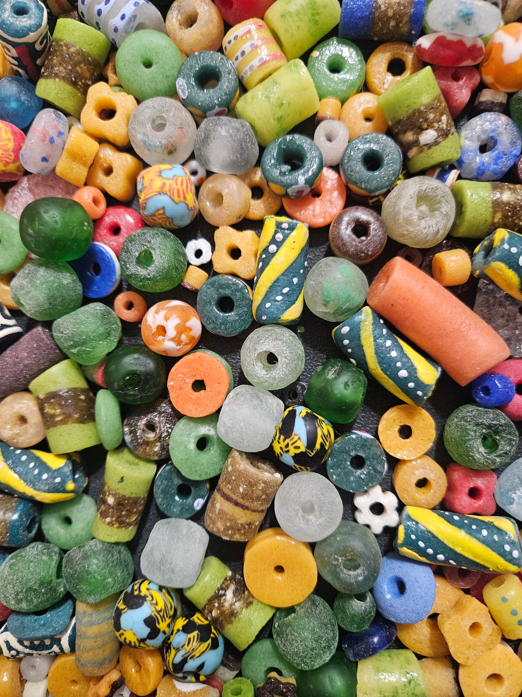 African Krobo Recycled Glass Beads Mix (Forest Green + Sun Gold) — 1 Cup, 160+ Handmade Ghana Beads, 1lb | ABM253