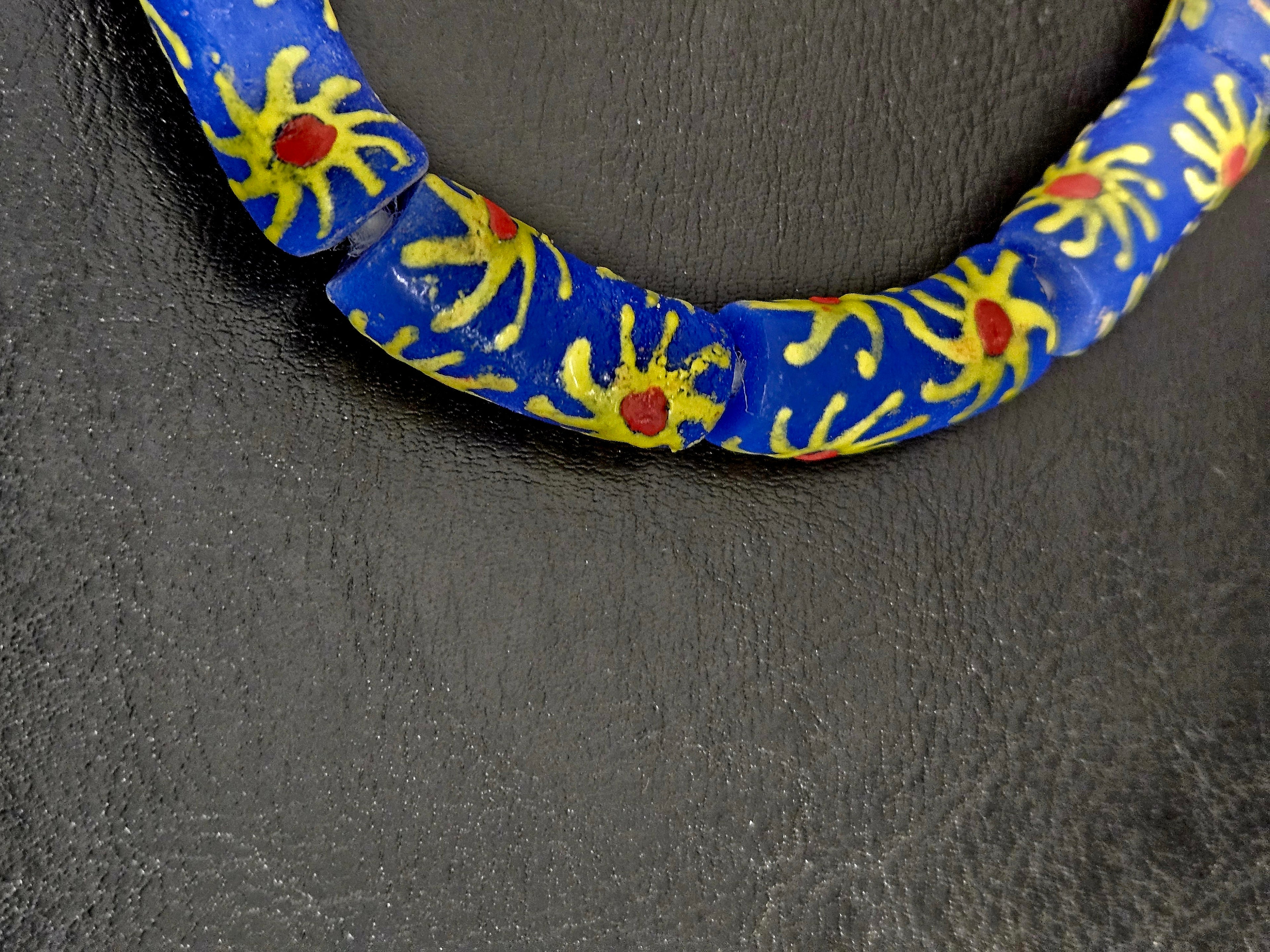 Painted Krobo Glass Tube Beads | Royal Blue Recycled Glass Tube Beads | Handmade in Ghana | 13–14×26–30mm