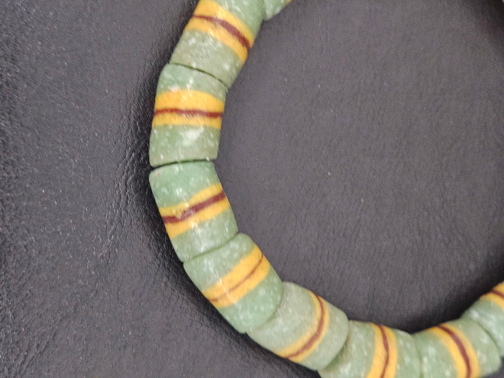Green Striped Krobo Kente Glass Beads | Handcrafted Powdered Glass Beads from Ghana | Approx. 17 Beads