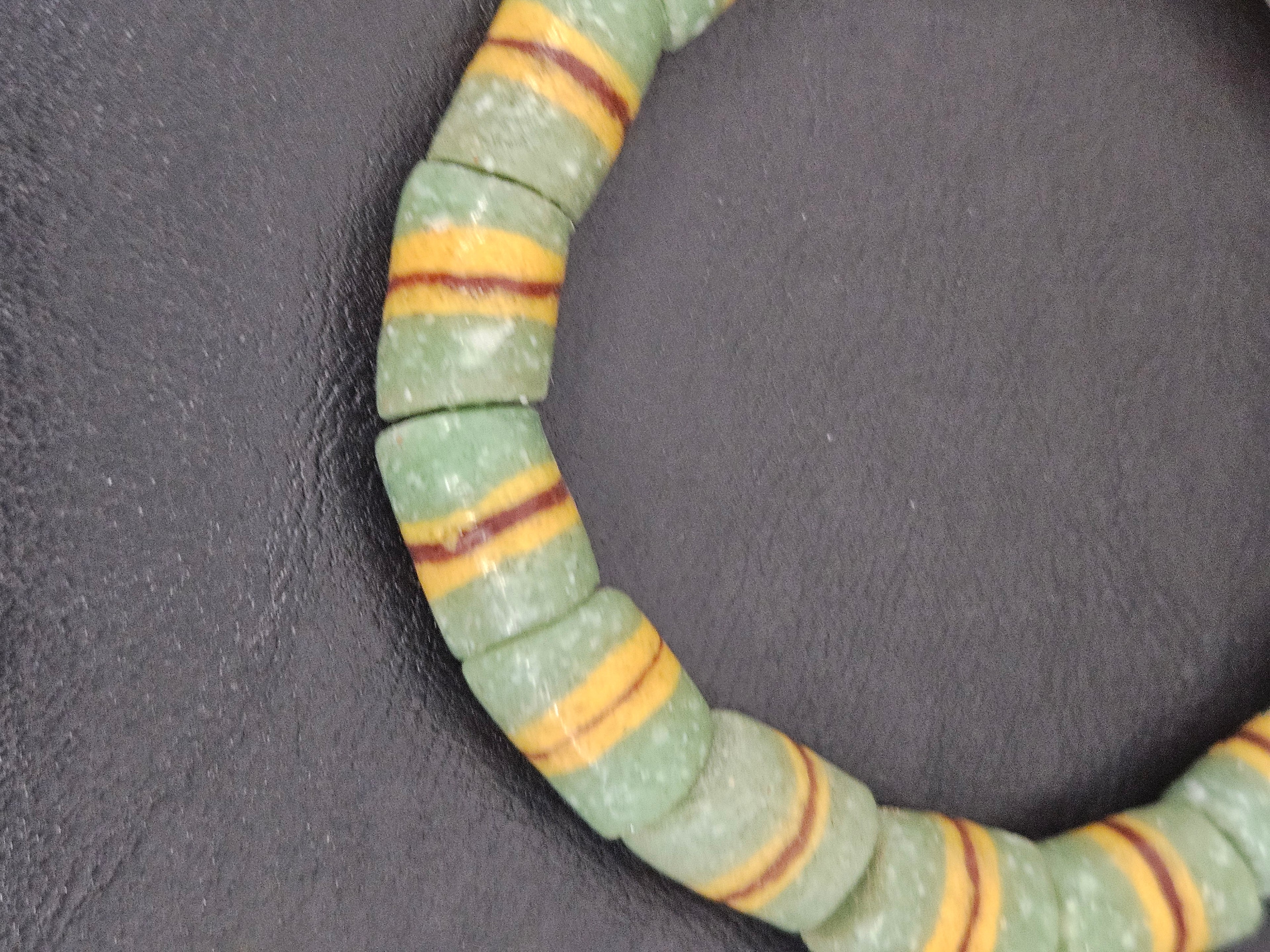 Green Striped Krobo Kente Glass Beads | Handcrafted Powdered Glass Beads from Ghana | Approx. 17 Beads