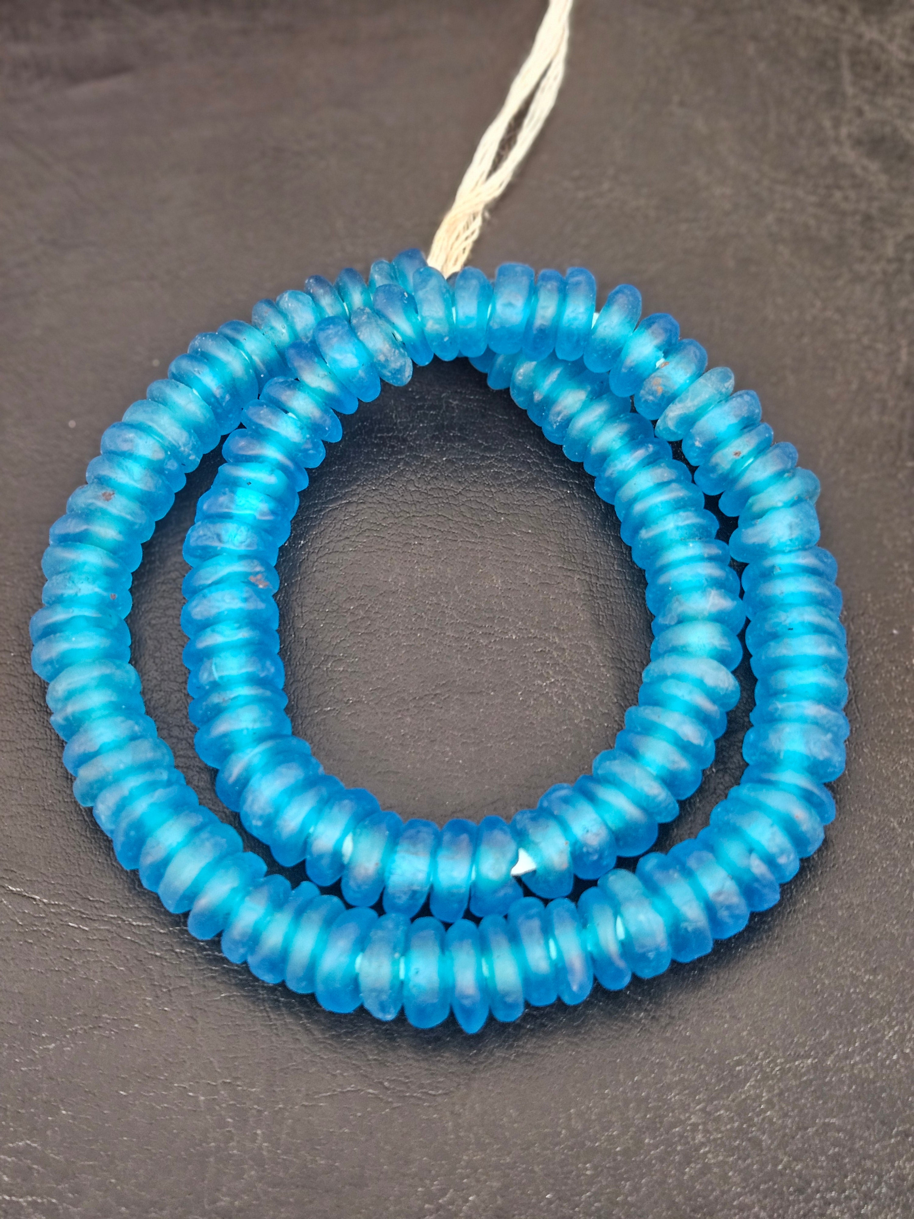 Authentic Bright Aqua Krobo Translucent Recycled Glass Rondelle Beads | Handmade in Ghana