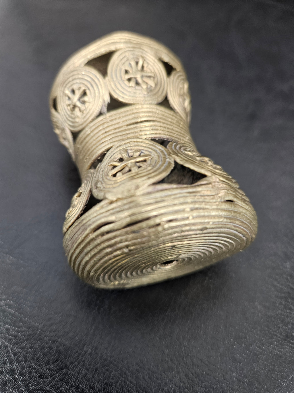 Oversized Ashanti Brass Talking Drum Pendant — Circular Openwork Design