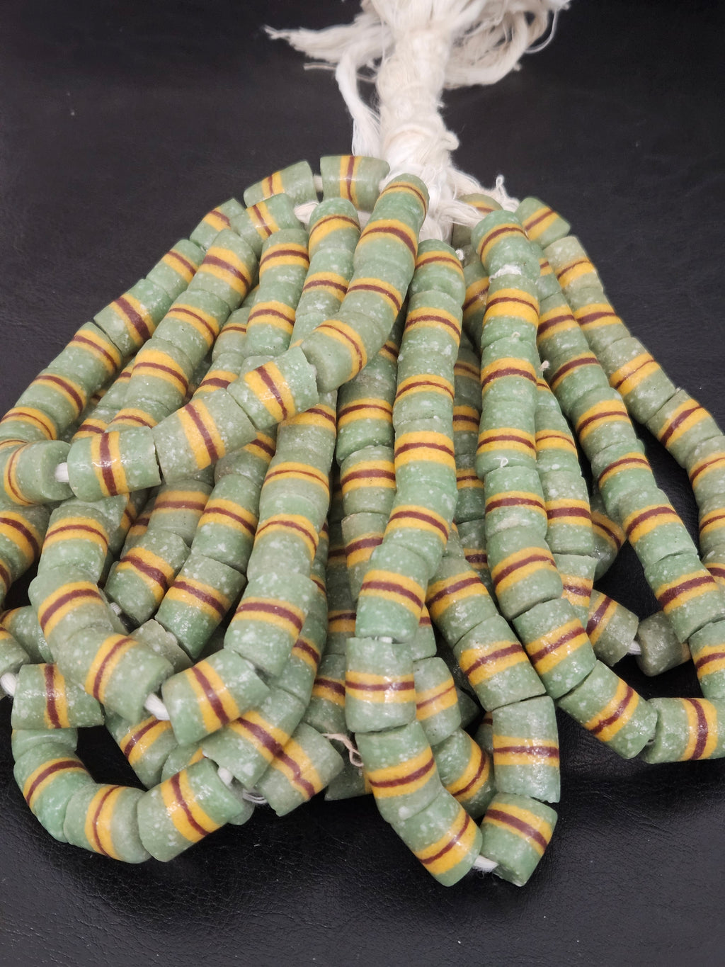 Green Striped Krobo Kente Glass Beads | Handcrafted Powdered Glass Beads from Ghana | Approx. 17 Beads
