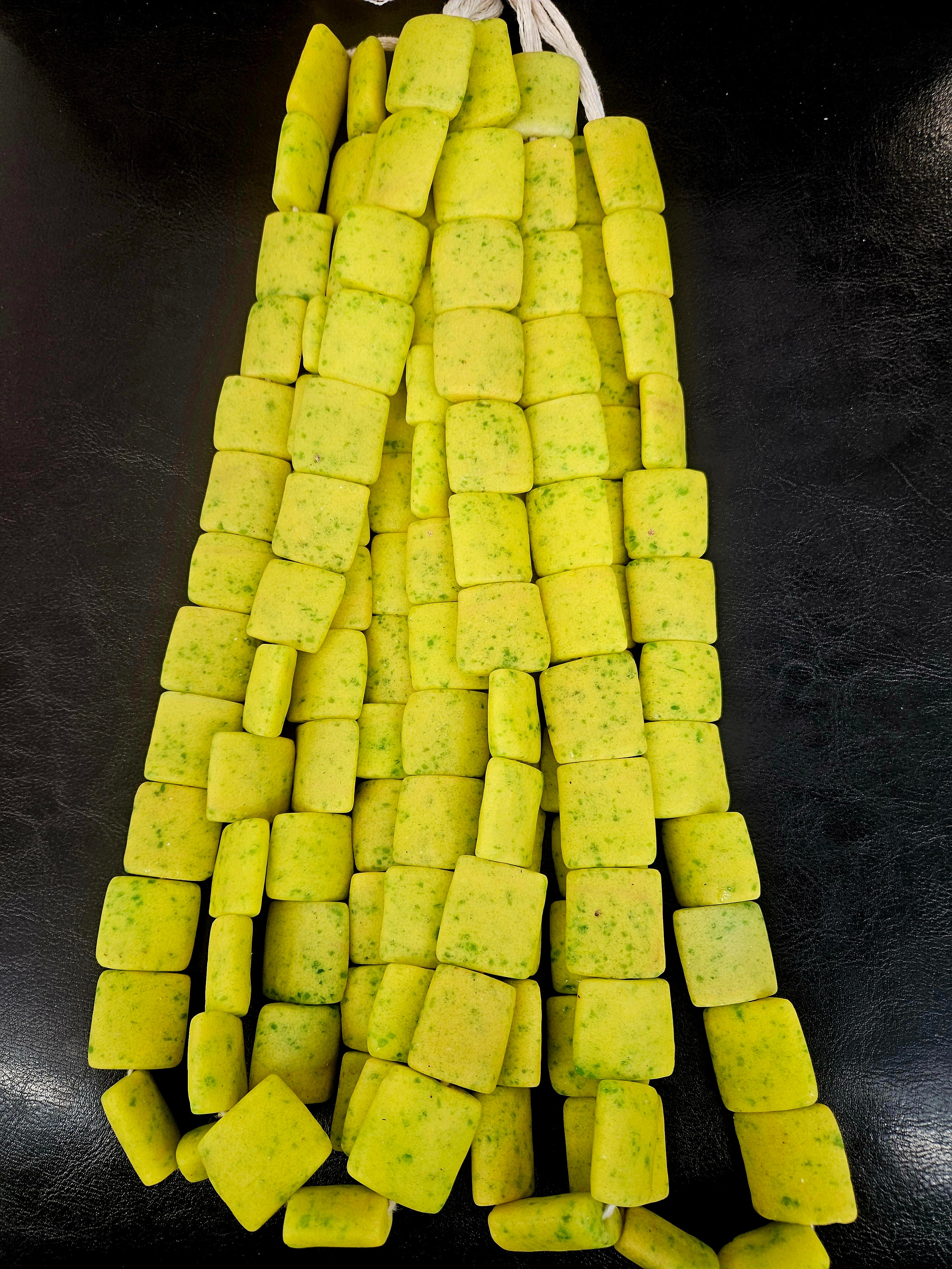 Large Chartreuse Krobo Powdered Glass Pillow Cube Beads | Handmade Recycled Glass Beads from Ghana | 25–26 Beads
