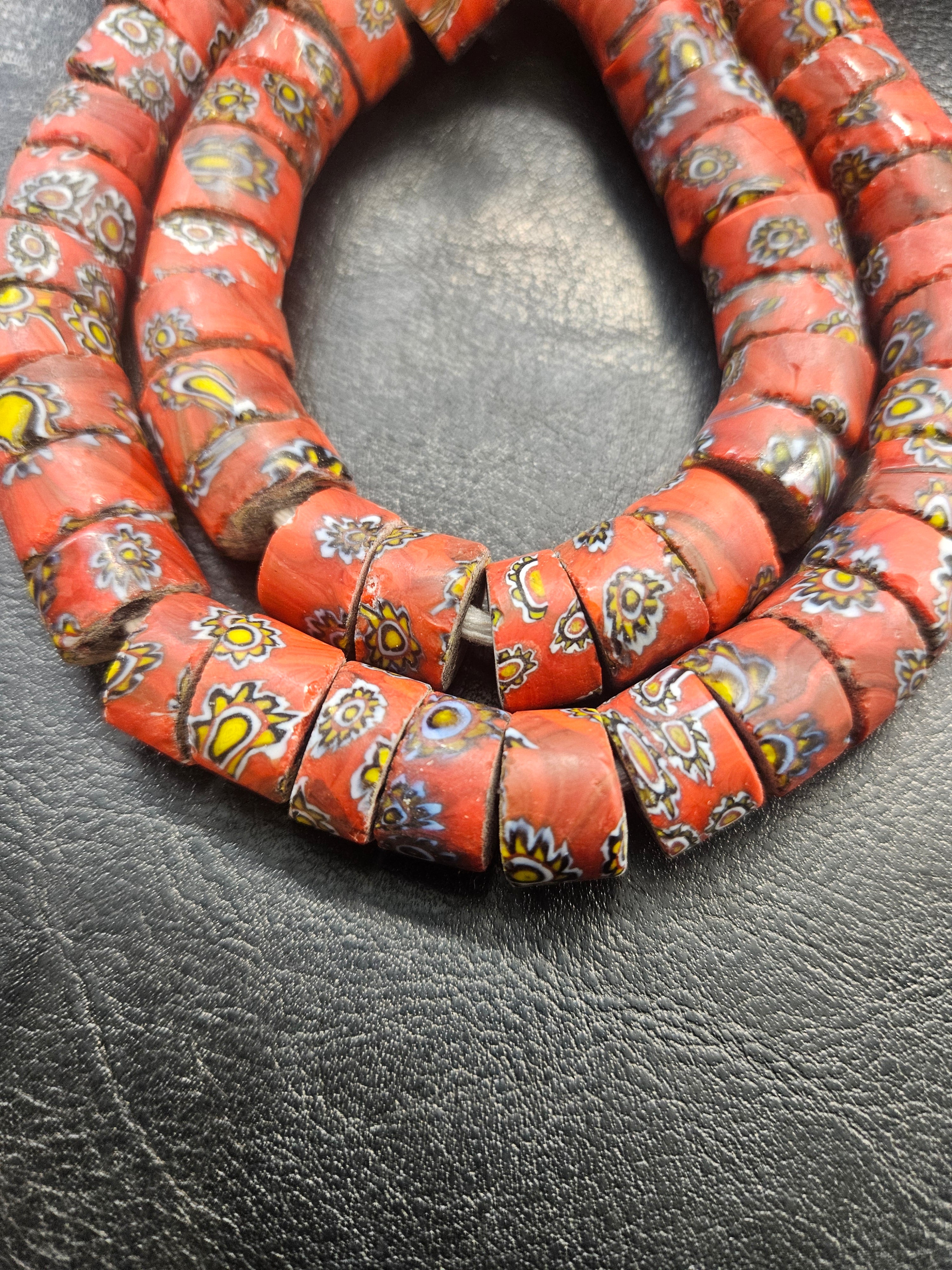 African Trade Beads – Red Multicolor Floral Pattern Strand