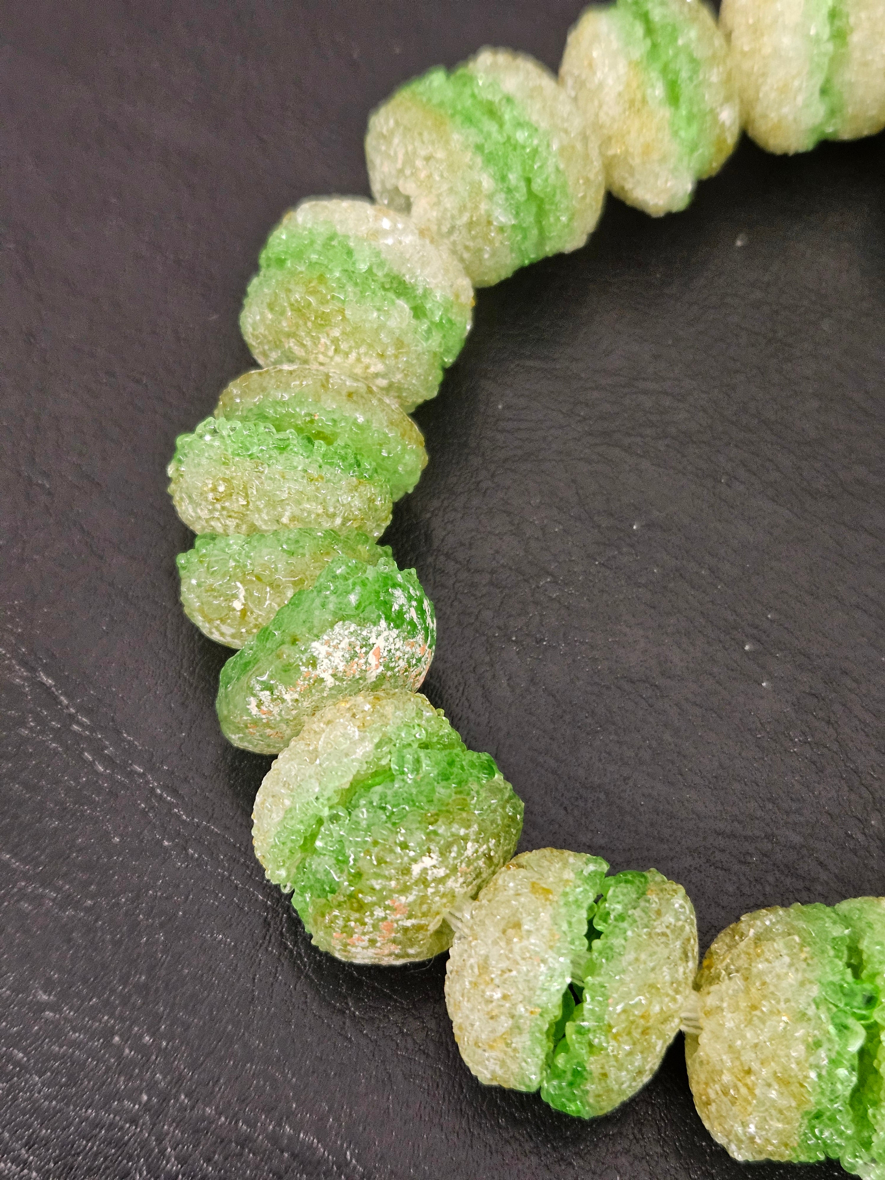 Green & White Krobo Sugar Glass Rondelle Beads | Handcrafted Recycled Glass Beads from Ghana | Approx. 30 Beads Per Strand