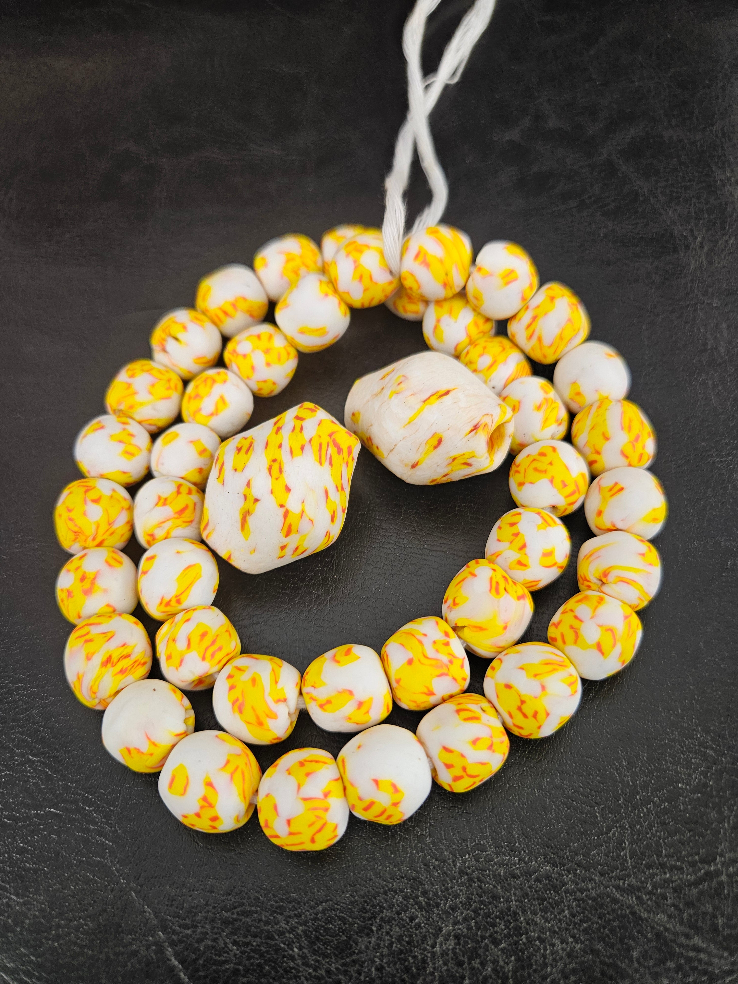 African Glass Bead Bundle – Yellow & Ivory Krobo Rounds + Focal Beads