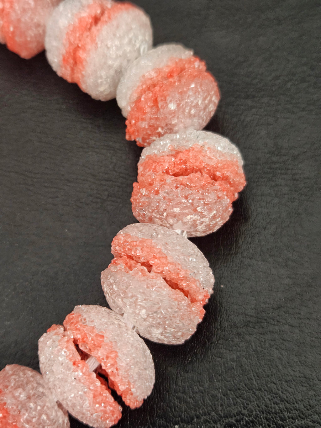 Coral & White Krobo Sugar Glass Rondelle Beads | Handcrafted Recycled Glass Beads from Ghana | Approx. 30 Beads Per Strand