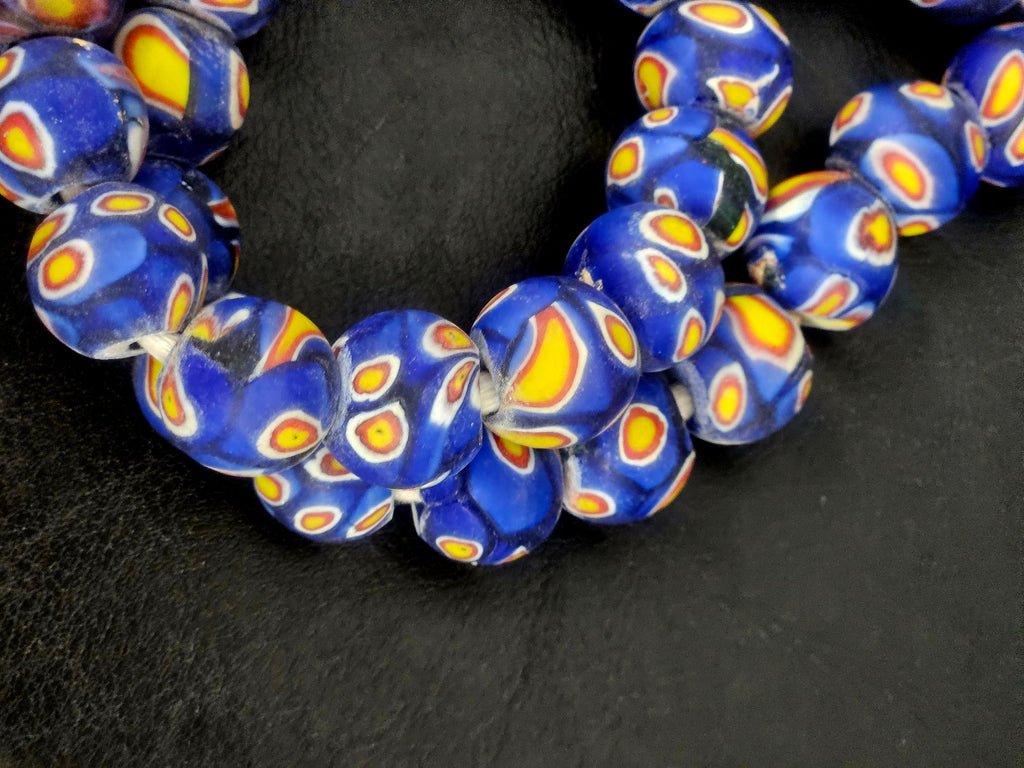 Cobalt Blue Eye Motif African Trade Beads Sourced in Ghana | Large-Hole Glass Trade Beads | 15–16mm Designer & Collector Strand