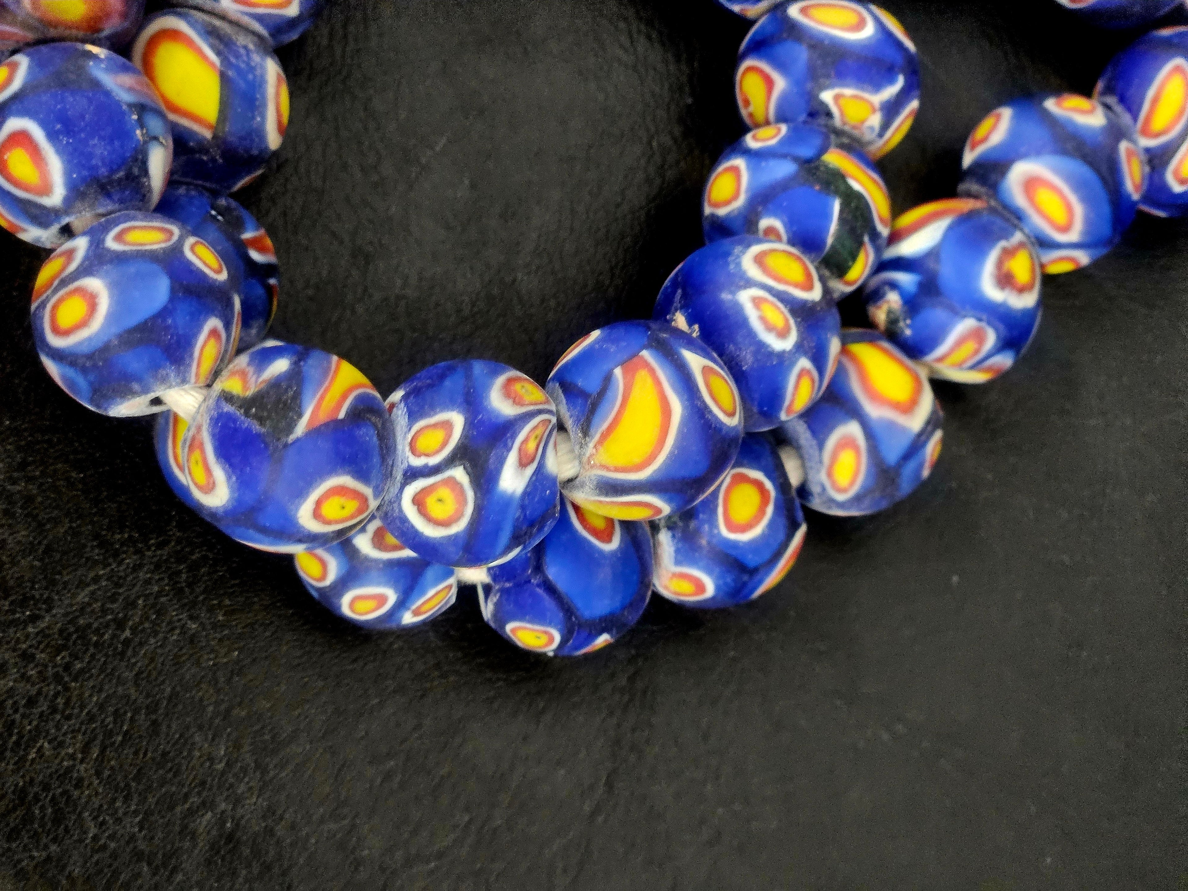 Cobalt Blue Eye Motif African Trade Beads Sourced in Ghana | Large-Hole Glass Trade Beads | 15–16mm Designer & Collector Strand