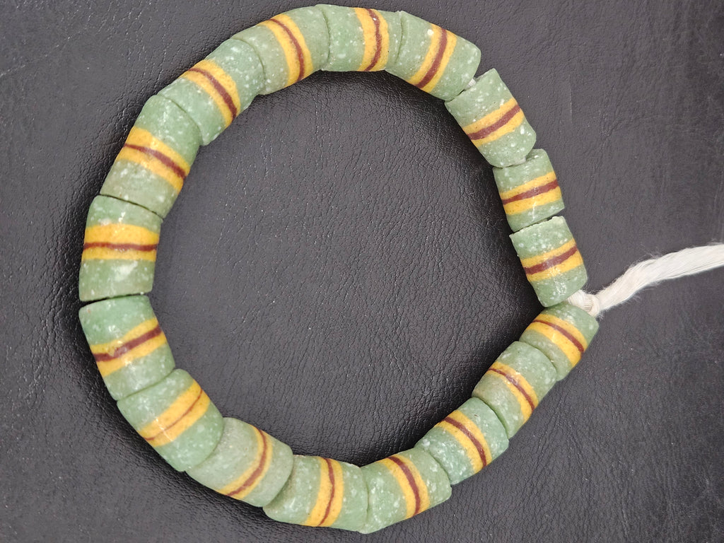 Green Striped Krobo Kente Glass Beads | Handcrafted Powdered Glass Beads from Ghana | Approx. 17 Beads