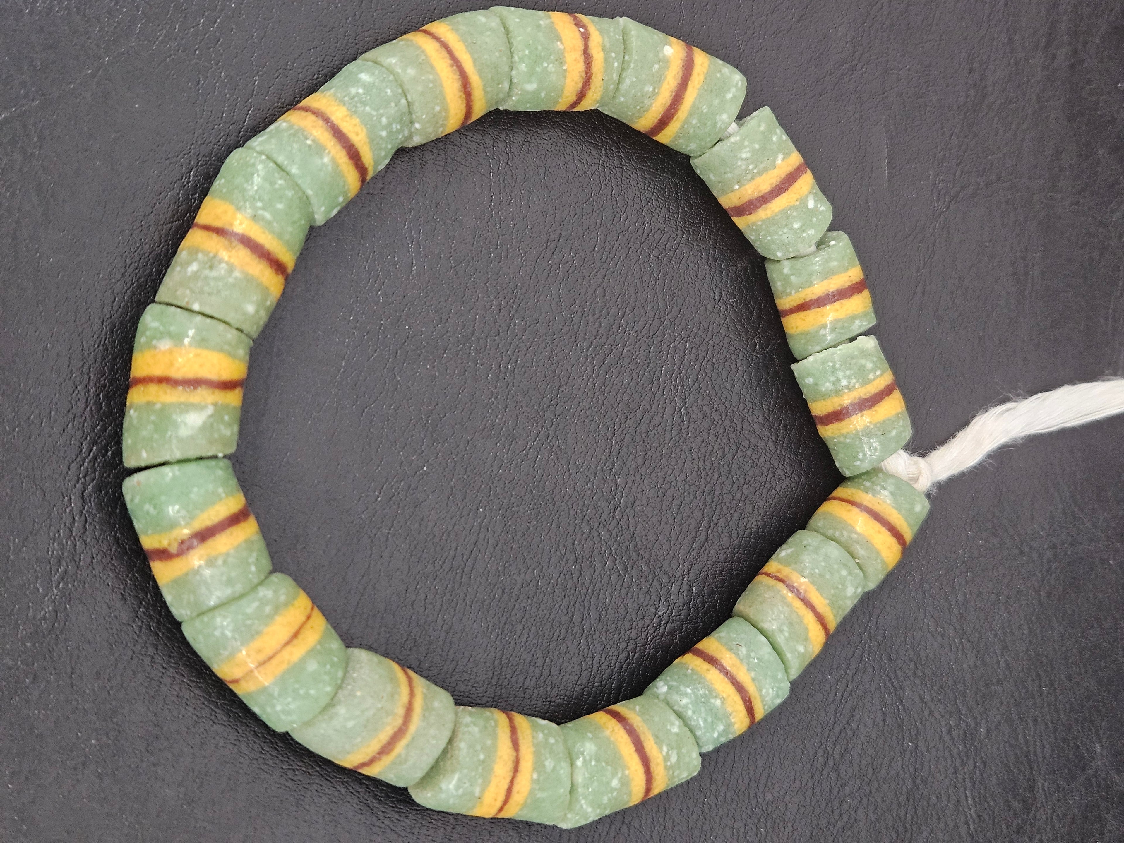 Green Striped Krobo Kente Glass Beads | Handcrafted Powdered Glass Beads from Ghana | Approx. 17 Beads