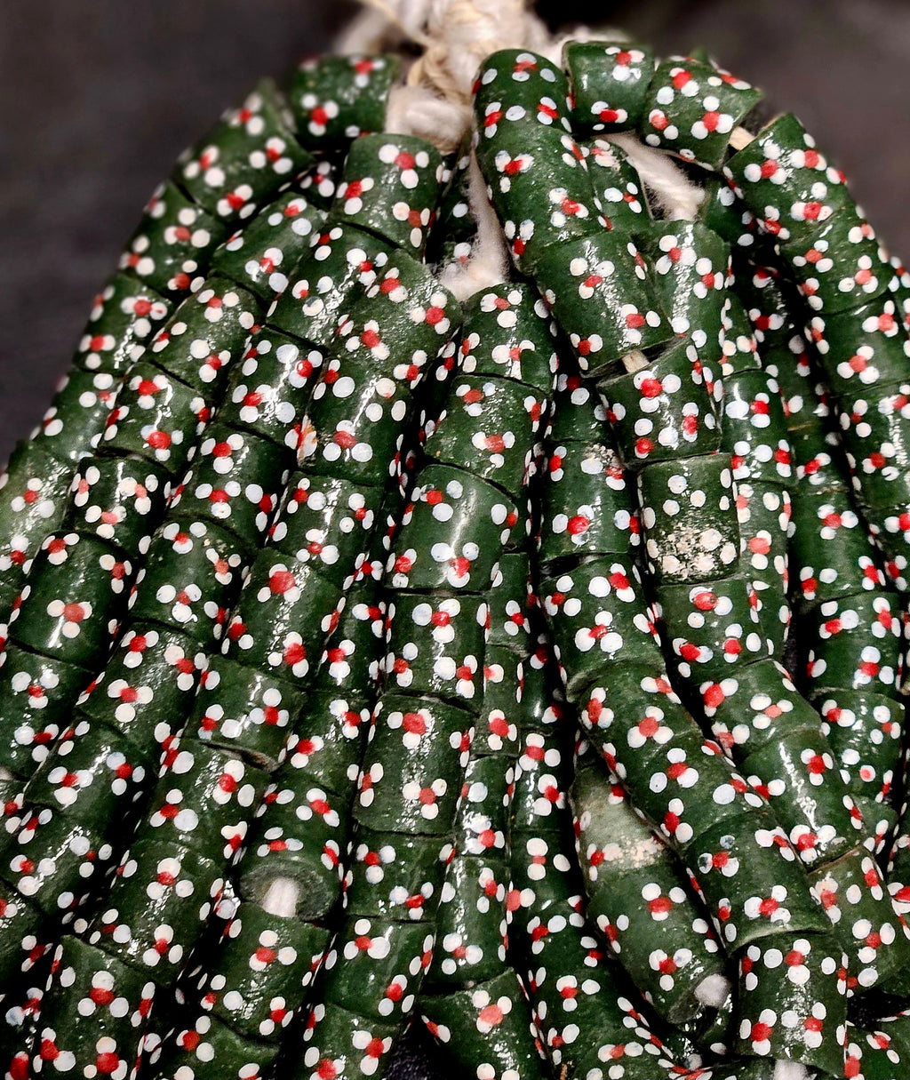 Dark Green Tube Krobo Recycled Glass Beads with Red & White Dots | 10–12.5 × 16–19.5 mm Large Hole Beads | Handcrafted in Ghana